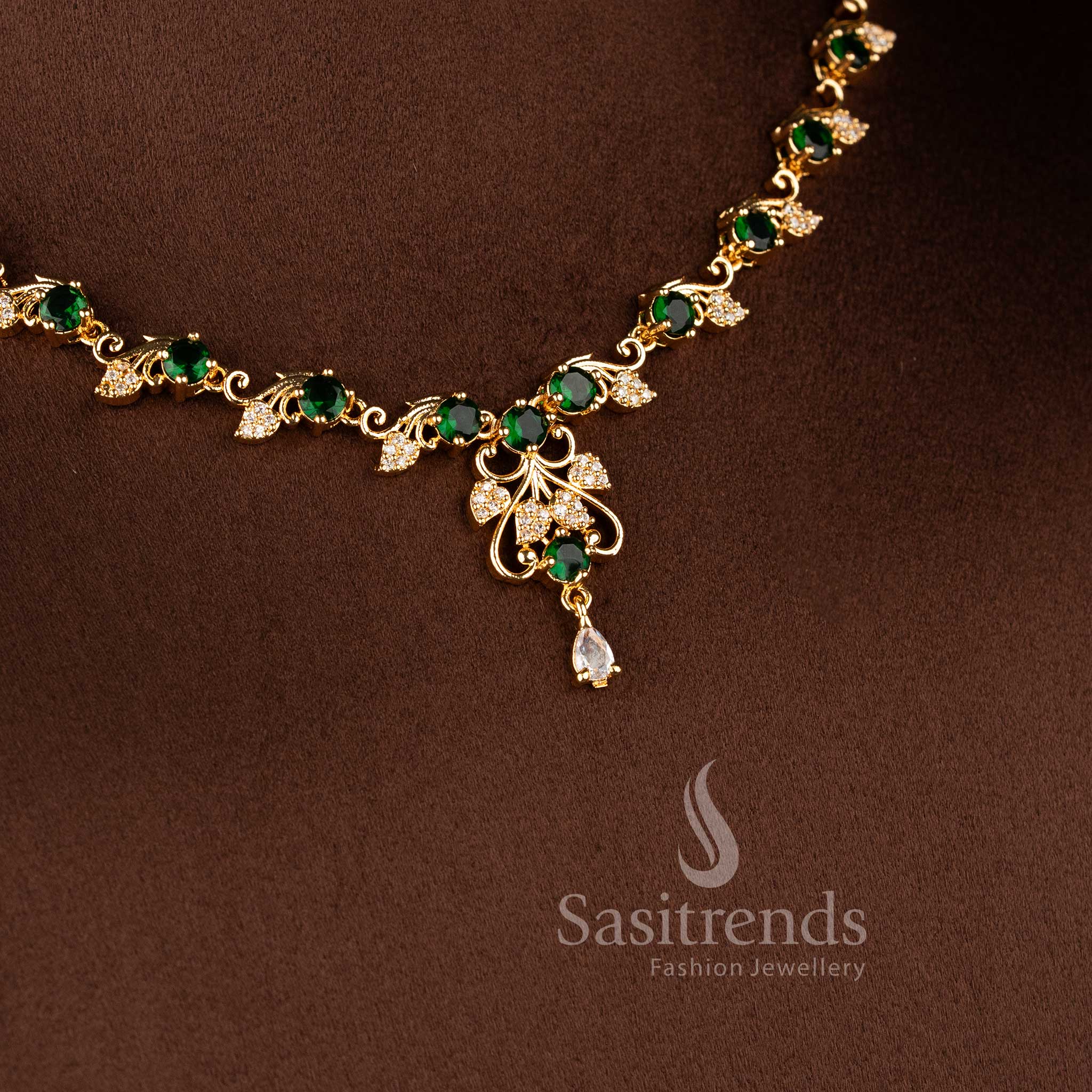 Royal Vine Floral Micro Gold Plated American Diamond Necklace Jewellery Sets for Women - Sasitrends - Image 8
