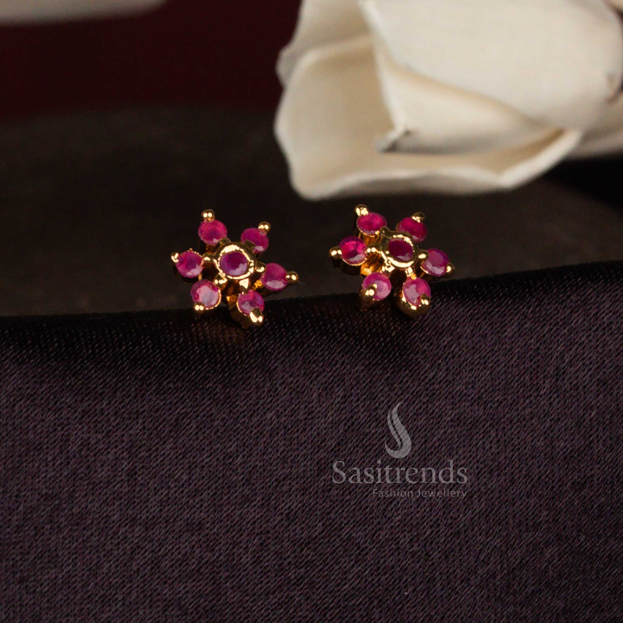 24K Micro Gold Plated American Diamond Floral Star Stud Earrings with Radiant Petal Formation & Authentic One Gram Gold Look - Image 2