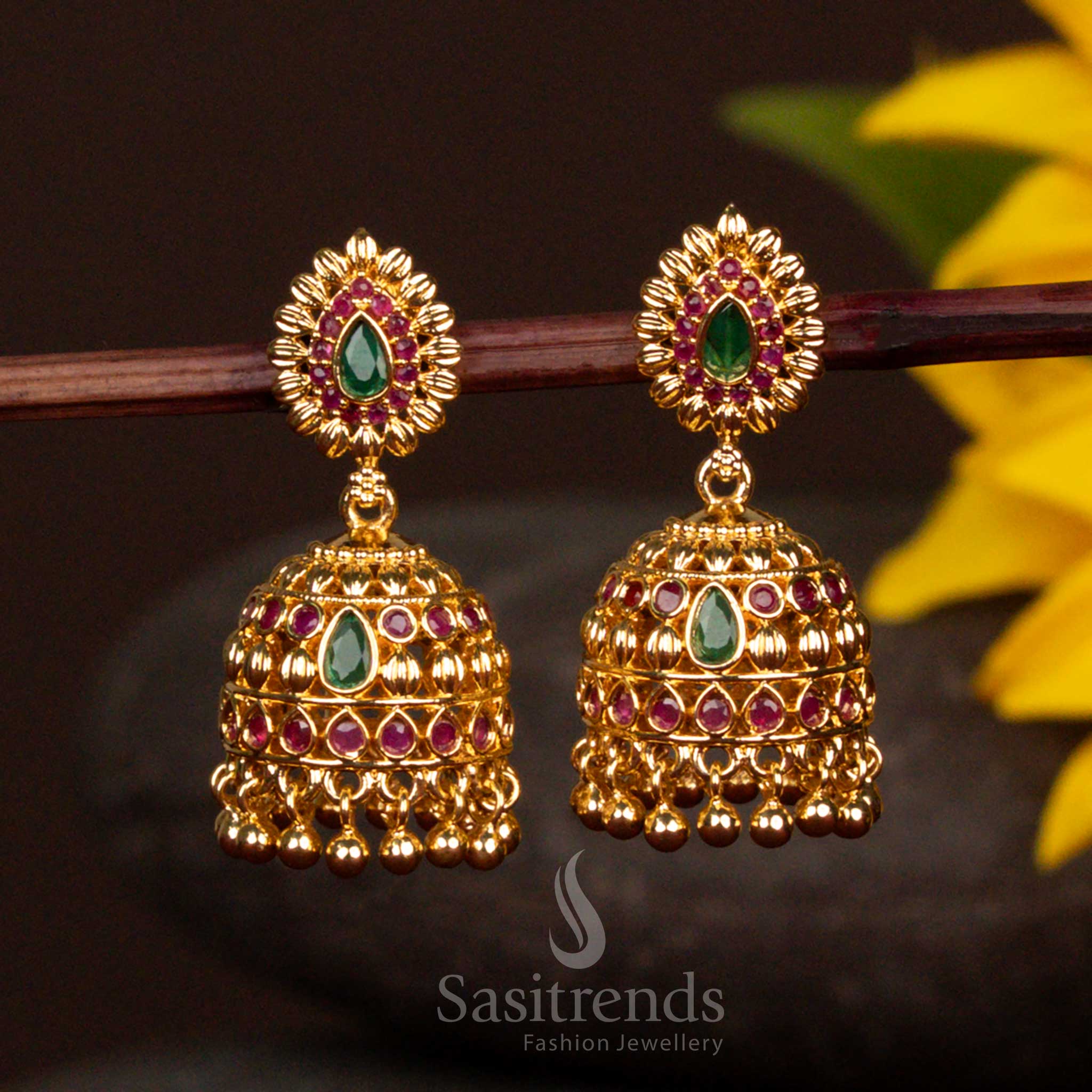 Grand Micro Gold Plated Jhumka Earrings - Intricate Floral Design with Hanging Beads - Sasitrends