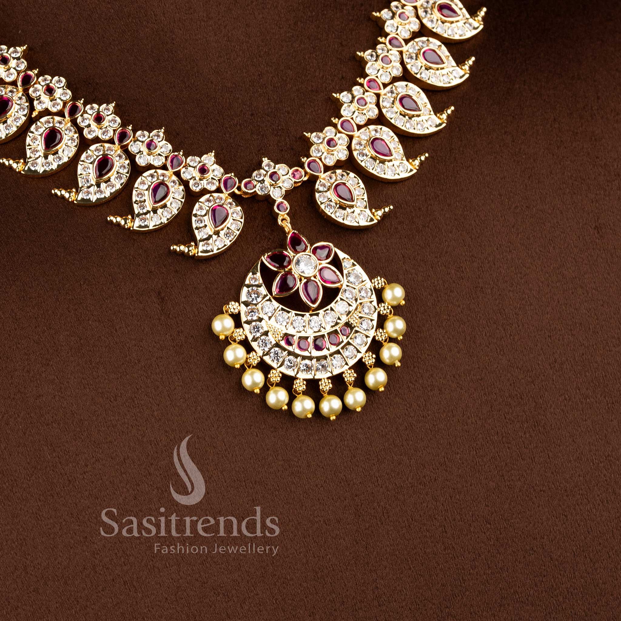 Traditional Micro Gold Plated Manga Malai Short & Long Necklace Jewellery Sets with Pearl-Draped Chandbali -Sasitrends - Image 2