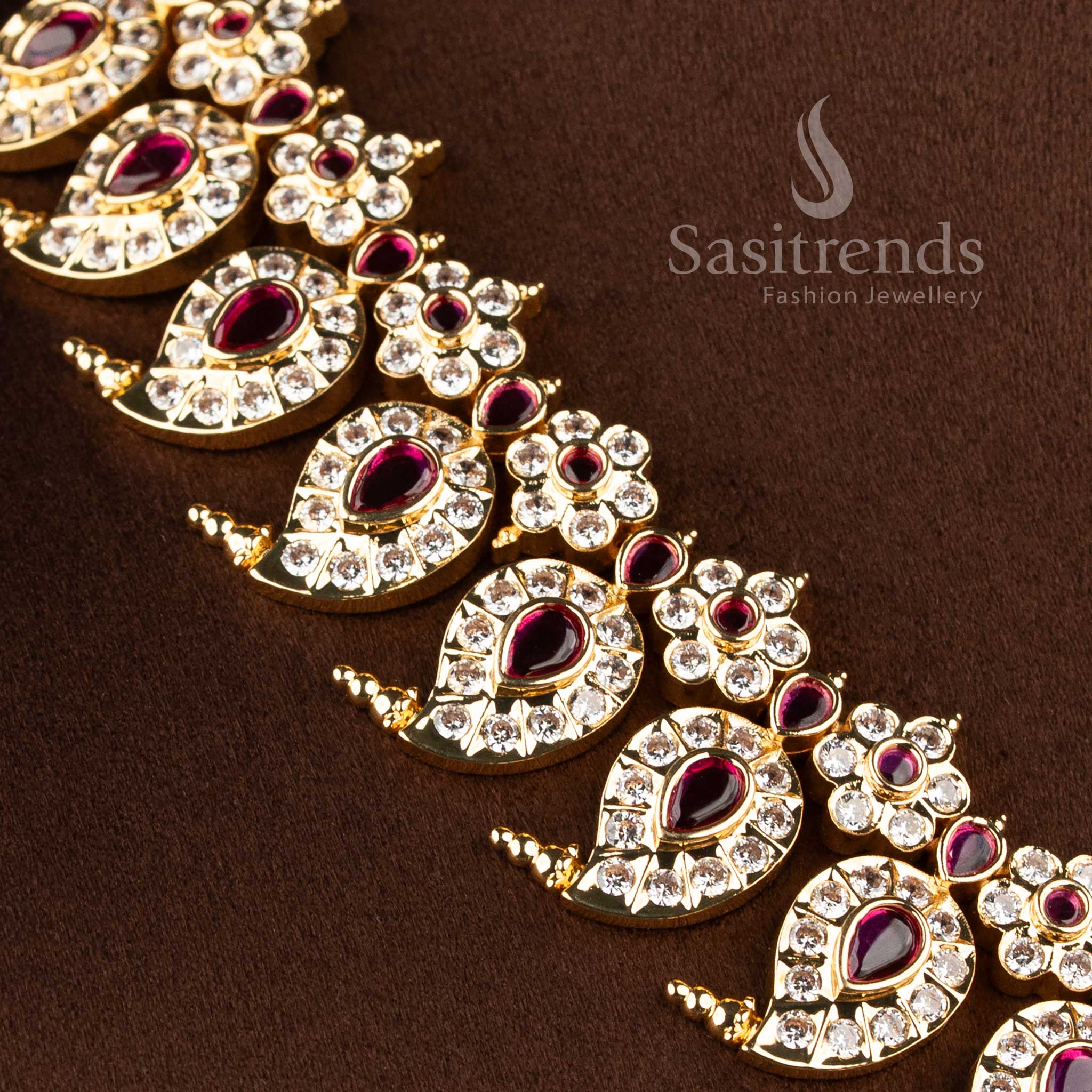 Traditional Micro Gold Plated Manga Malai Short & Long Necklace Jewellery Sets with Pearl-Draped Chandbali -Sasitrends - Image 3
