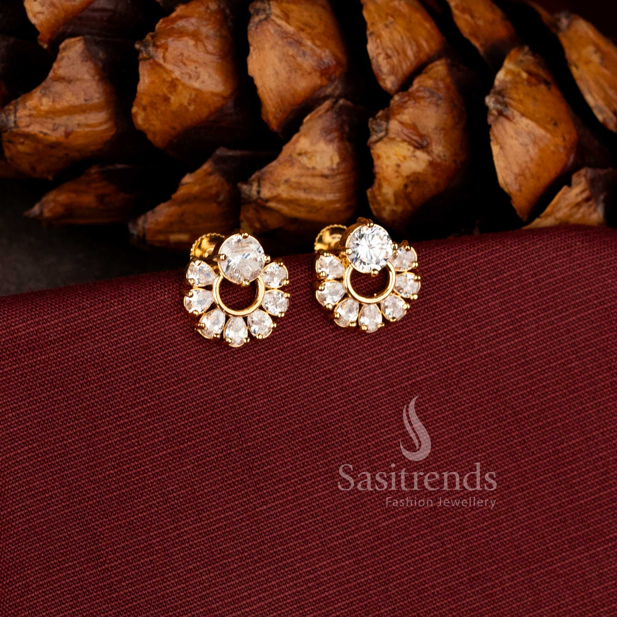 Stylish Micro Gold Plated Navaratna Pearl Pavalam Circular Stud Earrings For Festive Wear - Image 8