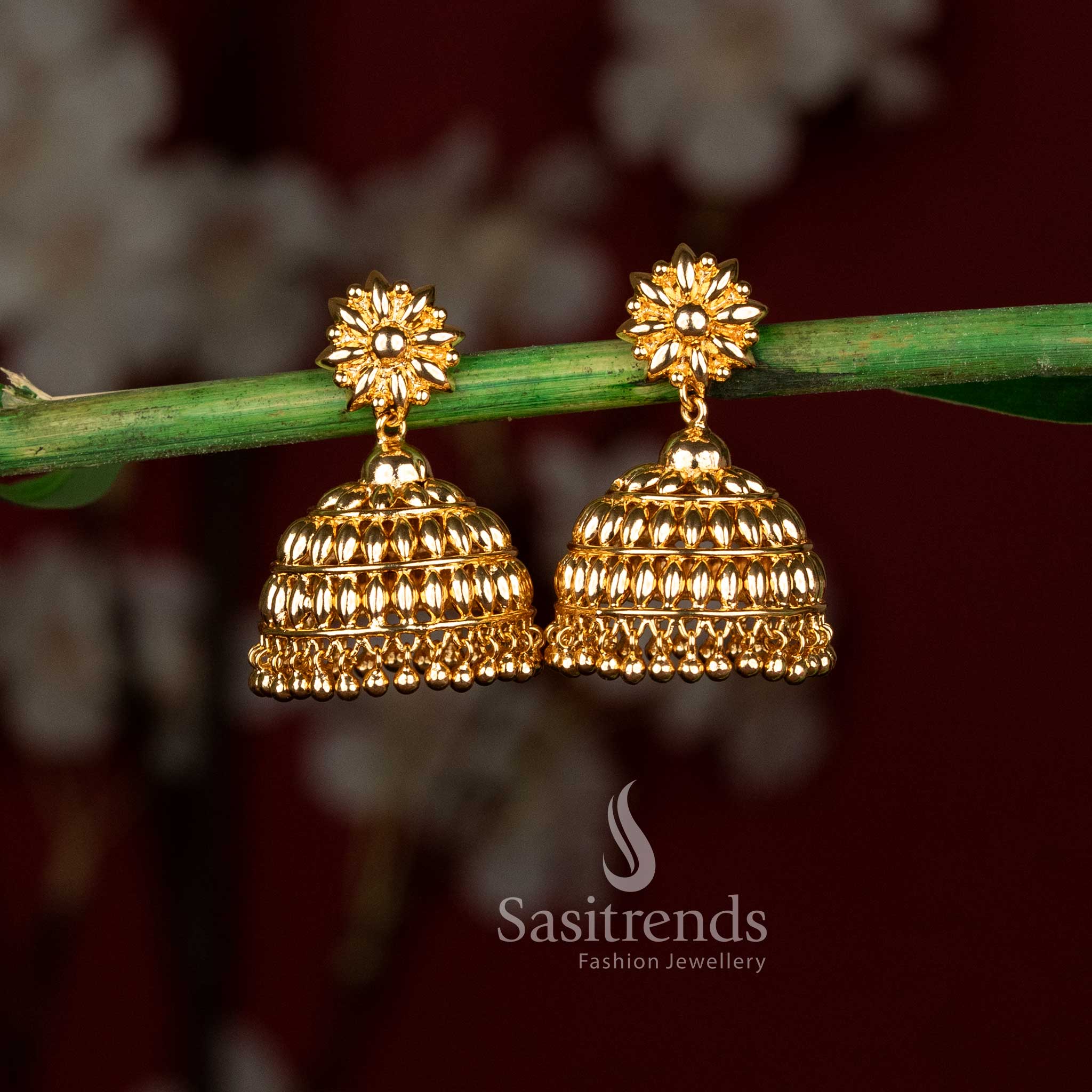 Divine Micro Gold Plated Sunflower Paddy Jhumka Earrings with Gold Ghungroos for Women – Wedding, Temple & Festive Wear - Image 2