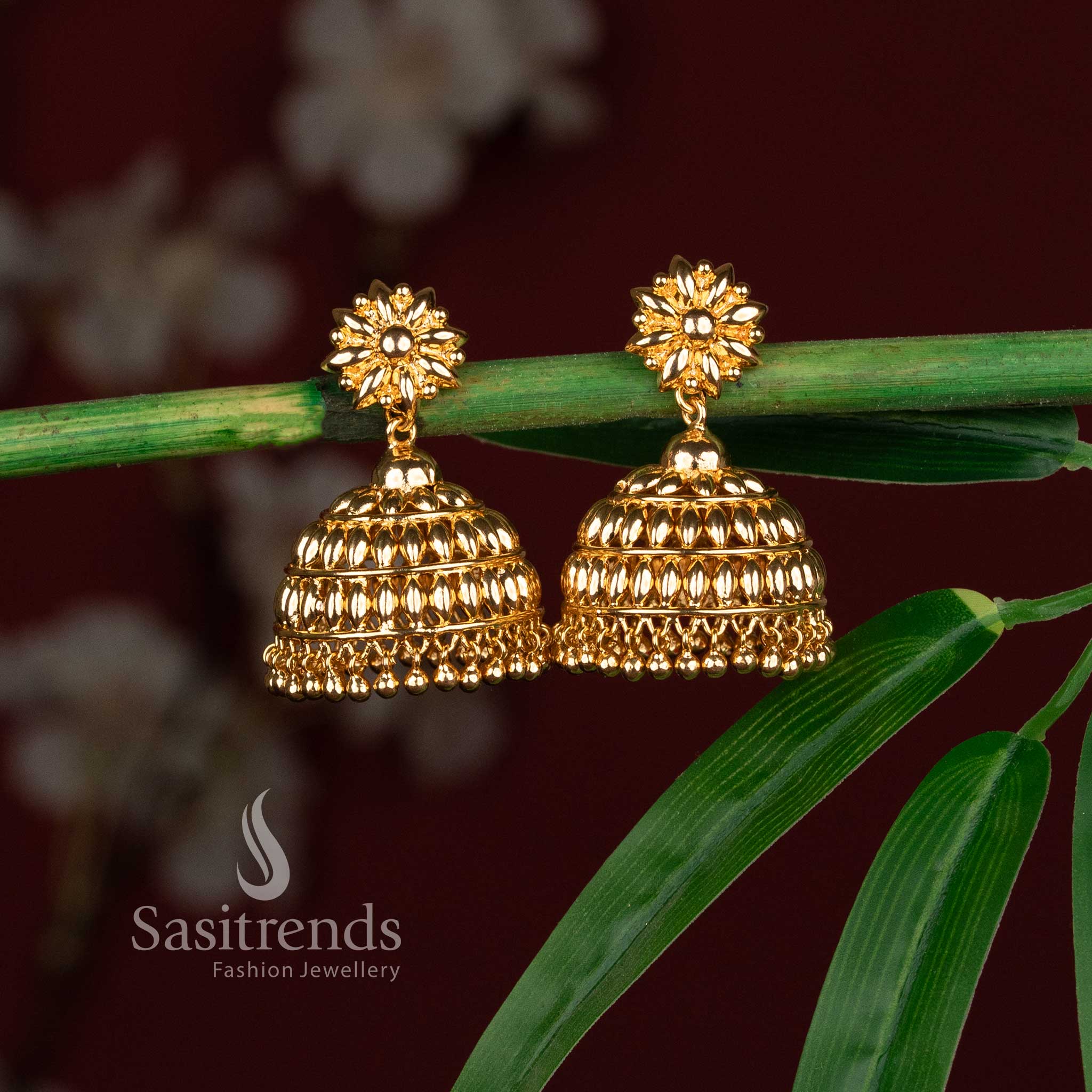 Divine Micro Gold Plated Sunflower Paddy Jhumka Earrings with Gold Ghungroos for Women – Wedding, Temple & Festive Wear - Image 3