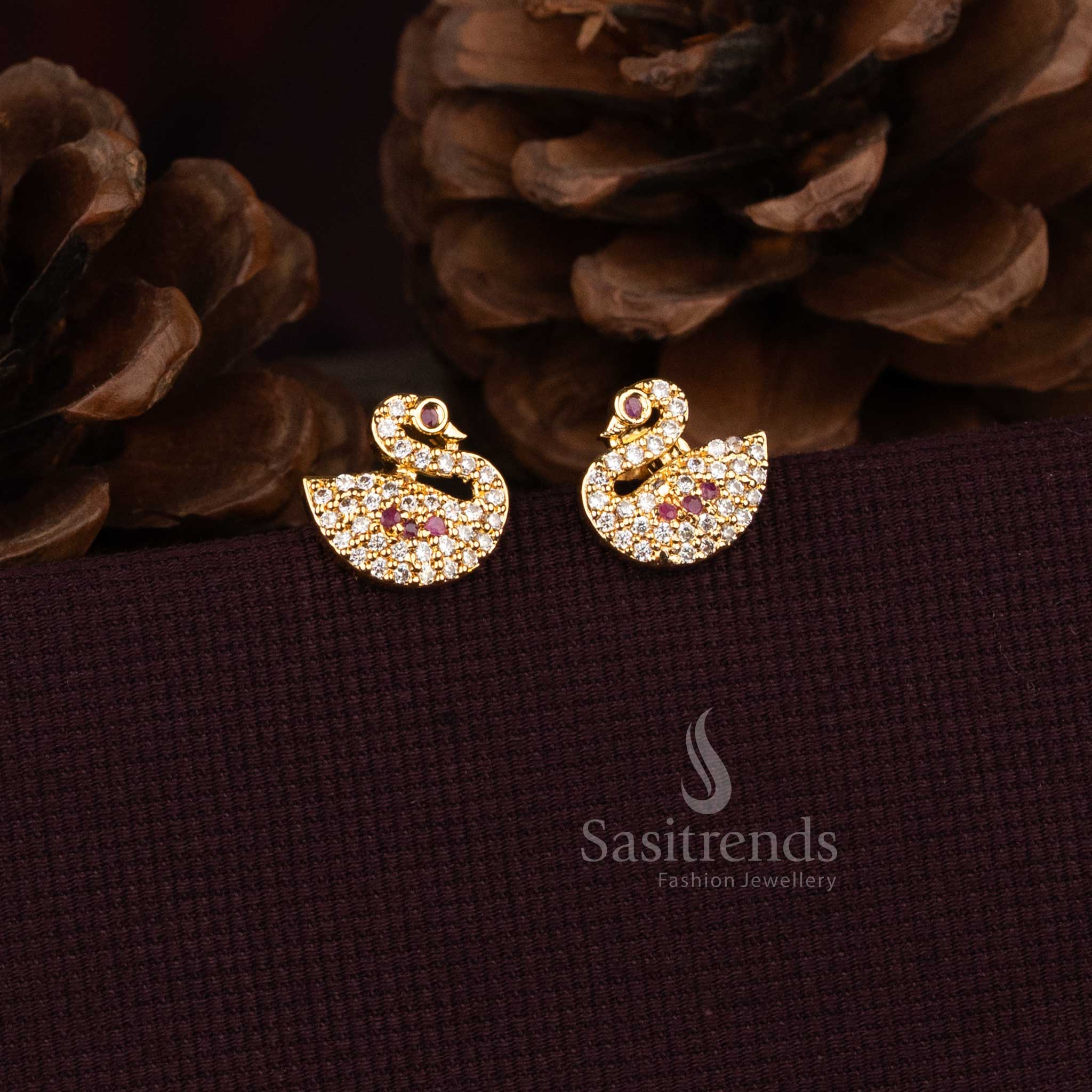 Micro Gold Plated American Diamond Swan Motif Stud Earrings with Pavé Setting and Elegant Curved Design - Image 5
