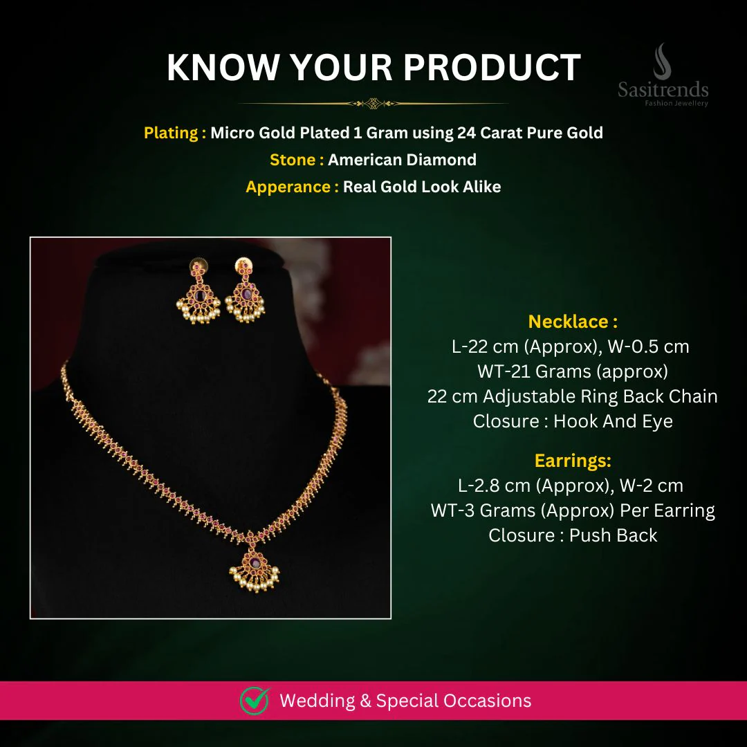 American Diamond Micro Gold Plated Traditional Circular Floral Pearl Necklace Jewellery Set for Temple Visits & Traditional Saree Wear - Image 2