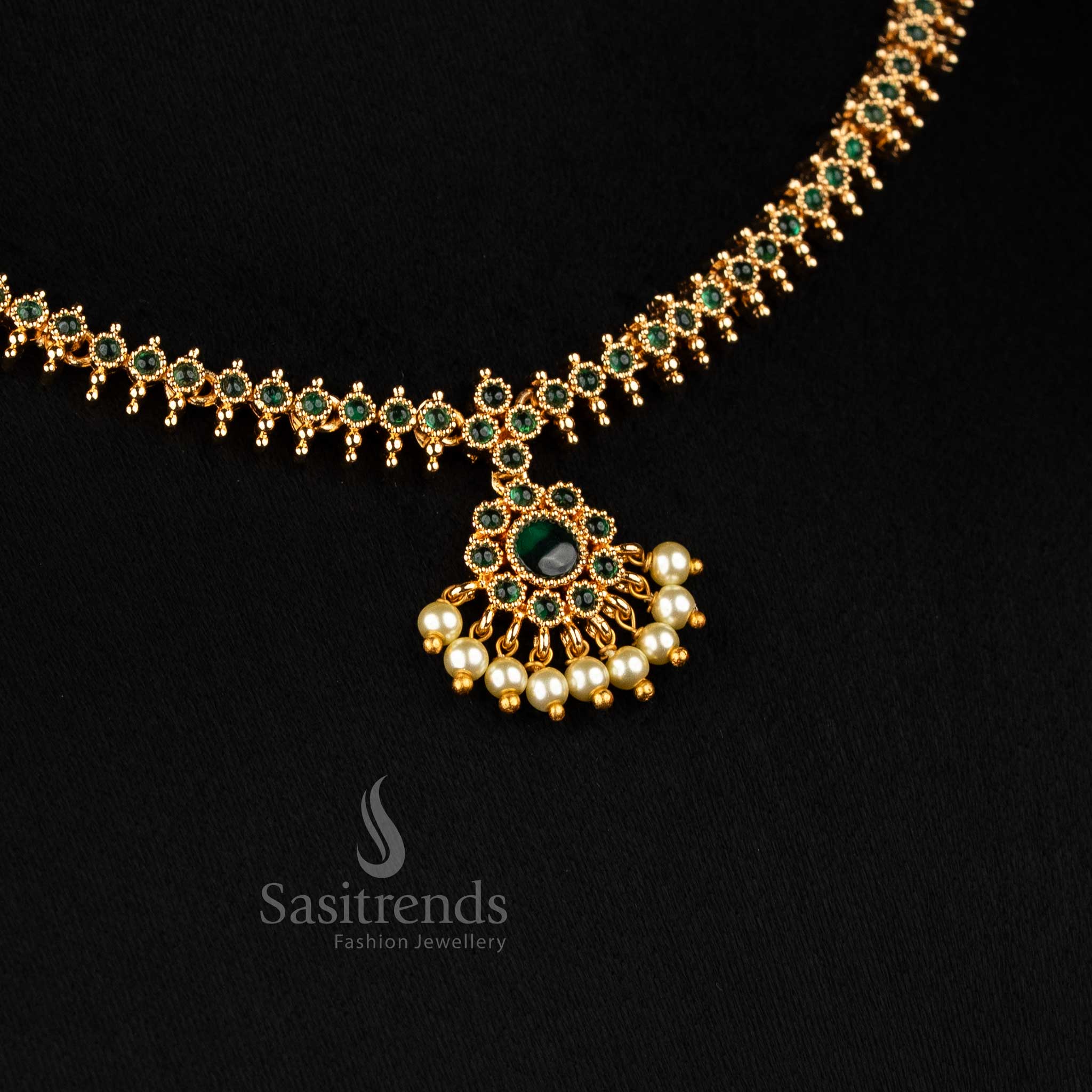 American Diamond Micro Gold Plated Traditional Circular Floral Pearl Necklace Jewellery Set for Temple Visits & Traditional Saree Wear - Image 5