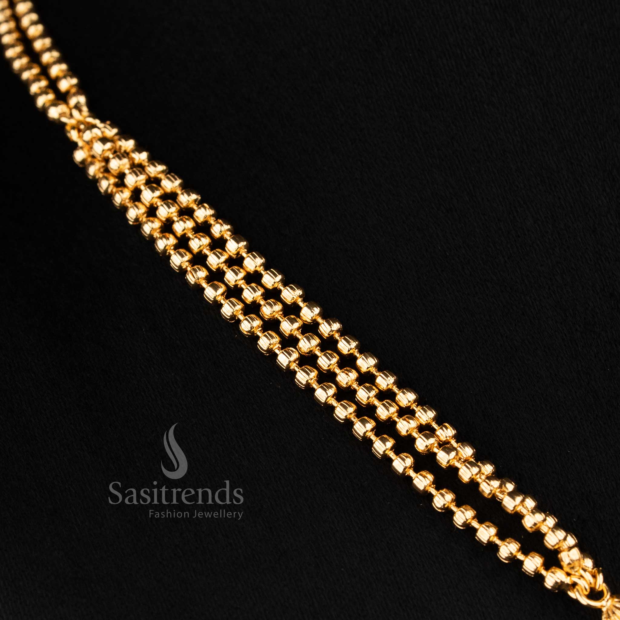 Divine Micro Gold Plated Triple-Strand Ball Chain Lakshmi Coin Motif Necklace for Traditional Wear - Image 6