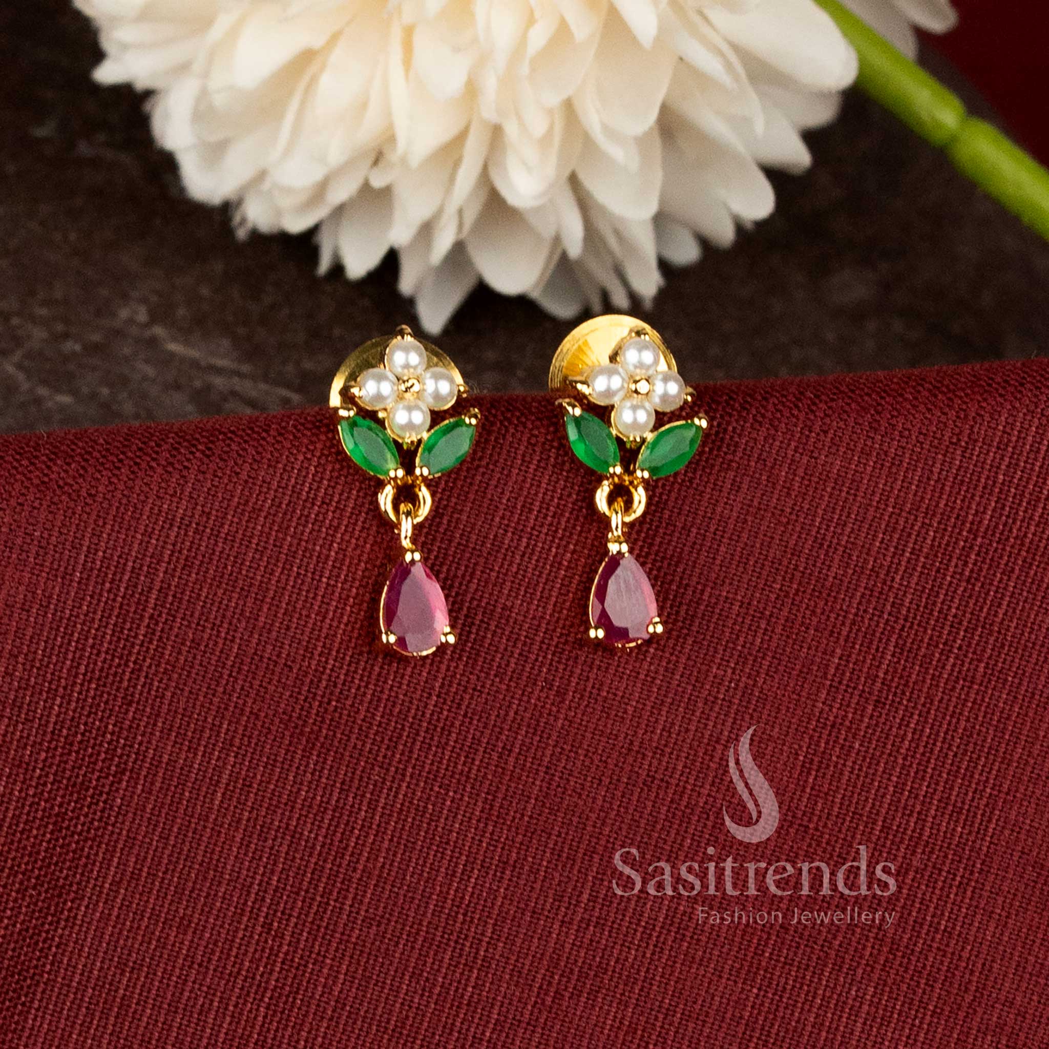 Beautiful Collection One Gram Micro Gold Plated Pearl Drop Floral Stud Earrings for Women - Sasitrends - Image 9