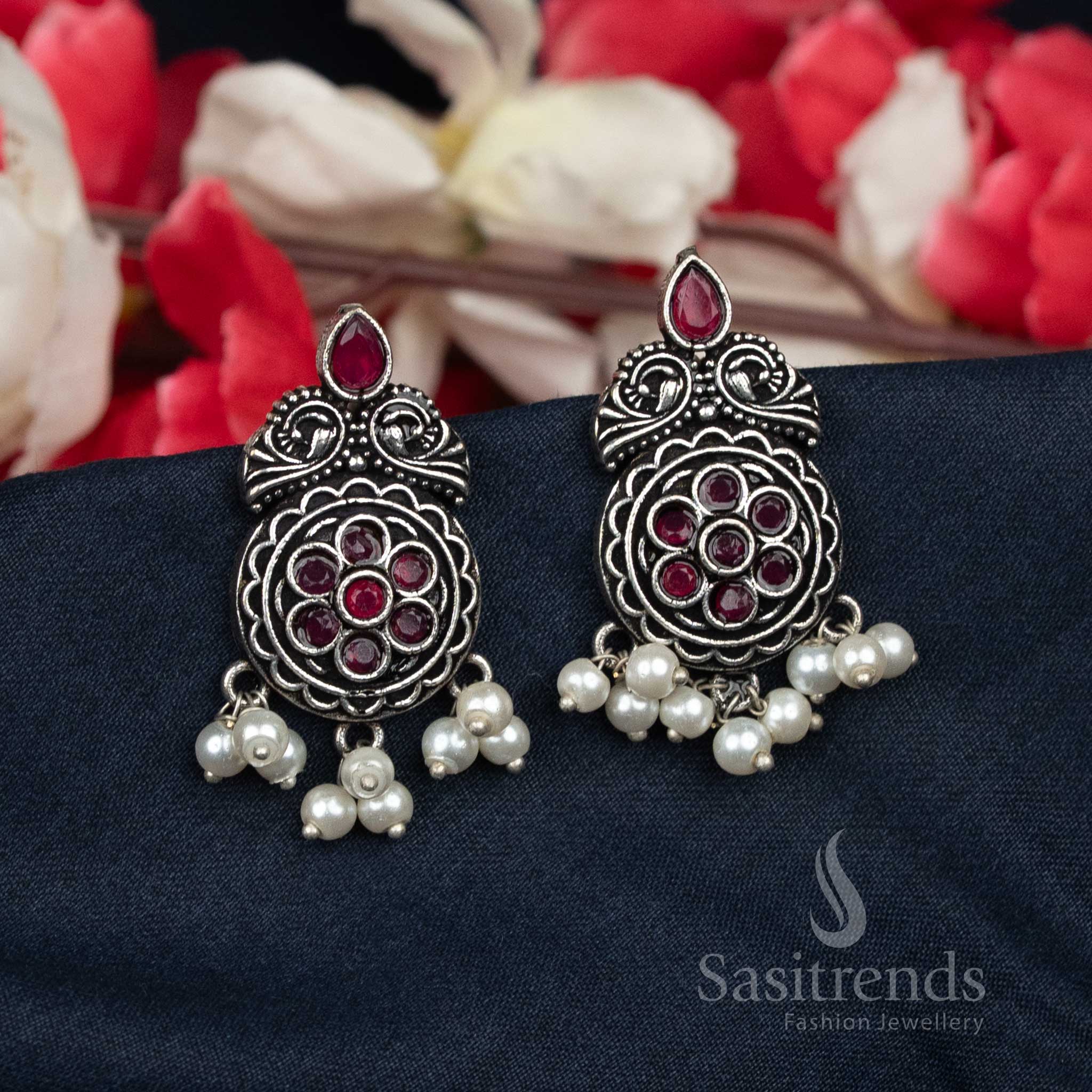 Oxidised Ethnic Stud Floral Earrings with Clustered Pearls - Great For Daily Wear And Regular Outings- Sasitrends - Image 3