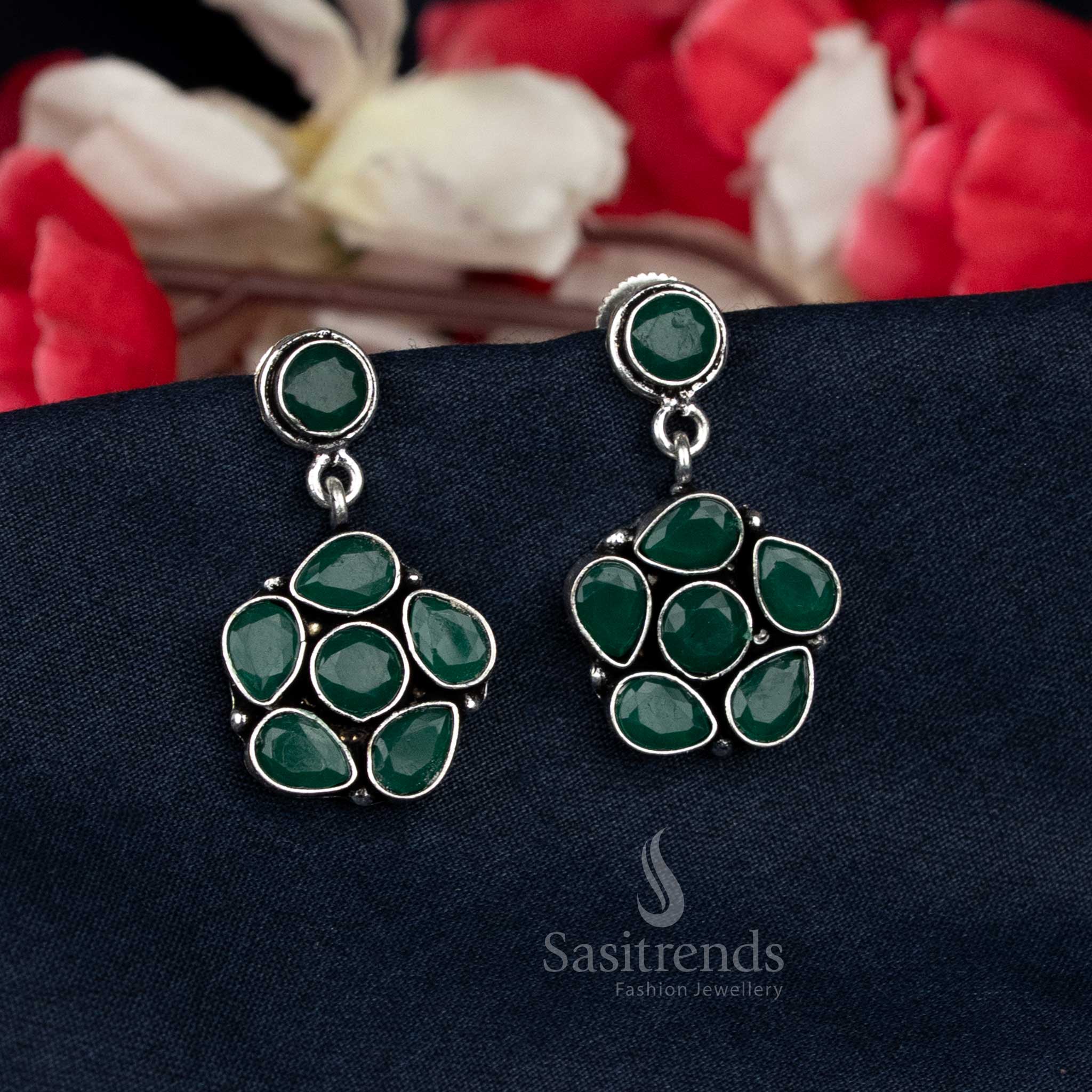 Stunning Oxidised Floral Stud Earrings with Clear Stones - Sasitrends - Image 4