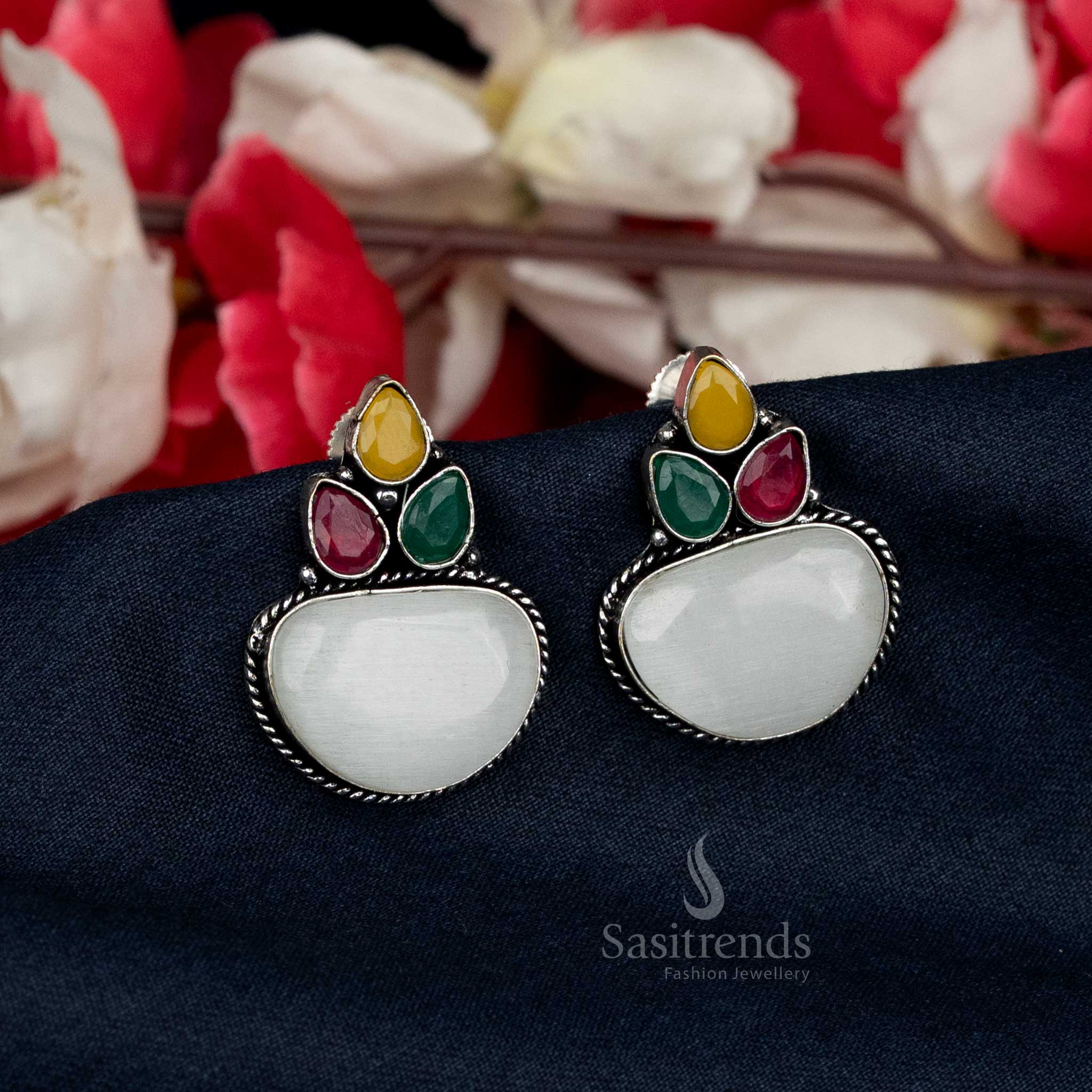 Oxidised Silver Floral Stud Earrings with Multicolor Stone Design - Sasitrends - Image 11