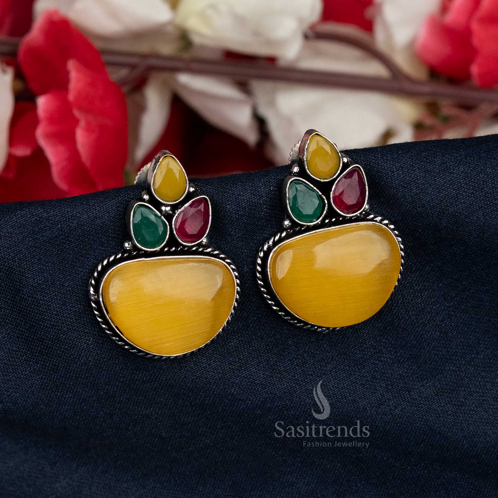 Oxidised Silver Floral Stud Earrings with Multicolor Stone Design - Sasitrends - Image 12