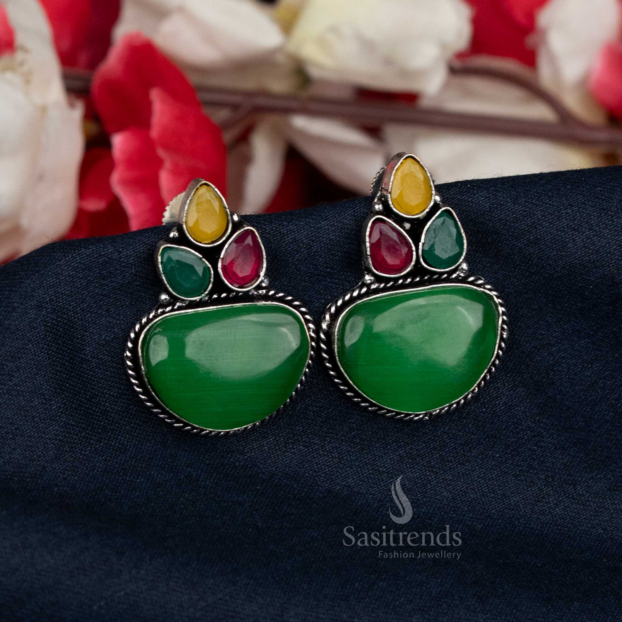 Oxidised Silver Floral Stud Earrings with Multicolor Stone Design - Sasitrends - Image 13