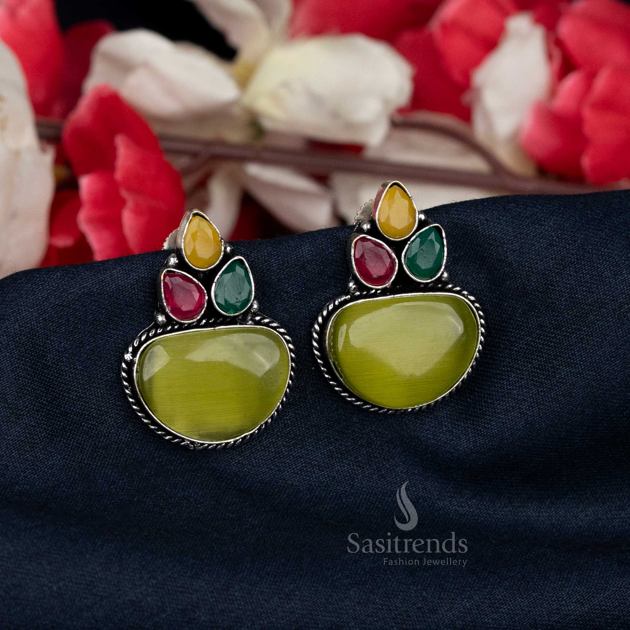 Oxidised Silver Floral Stud Earrings with Multicolor Stone Design - Sasitrends - Image 7