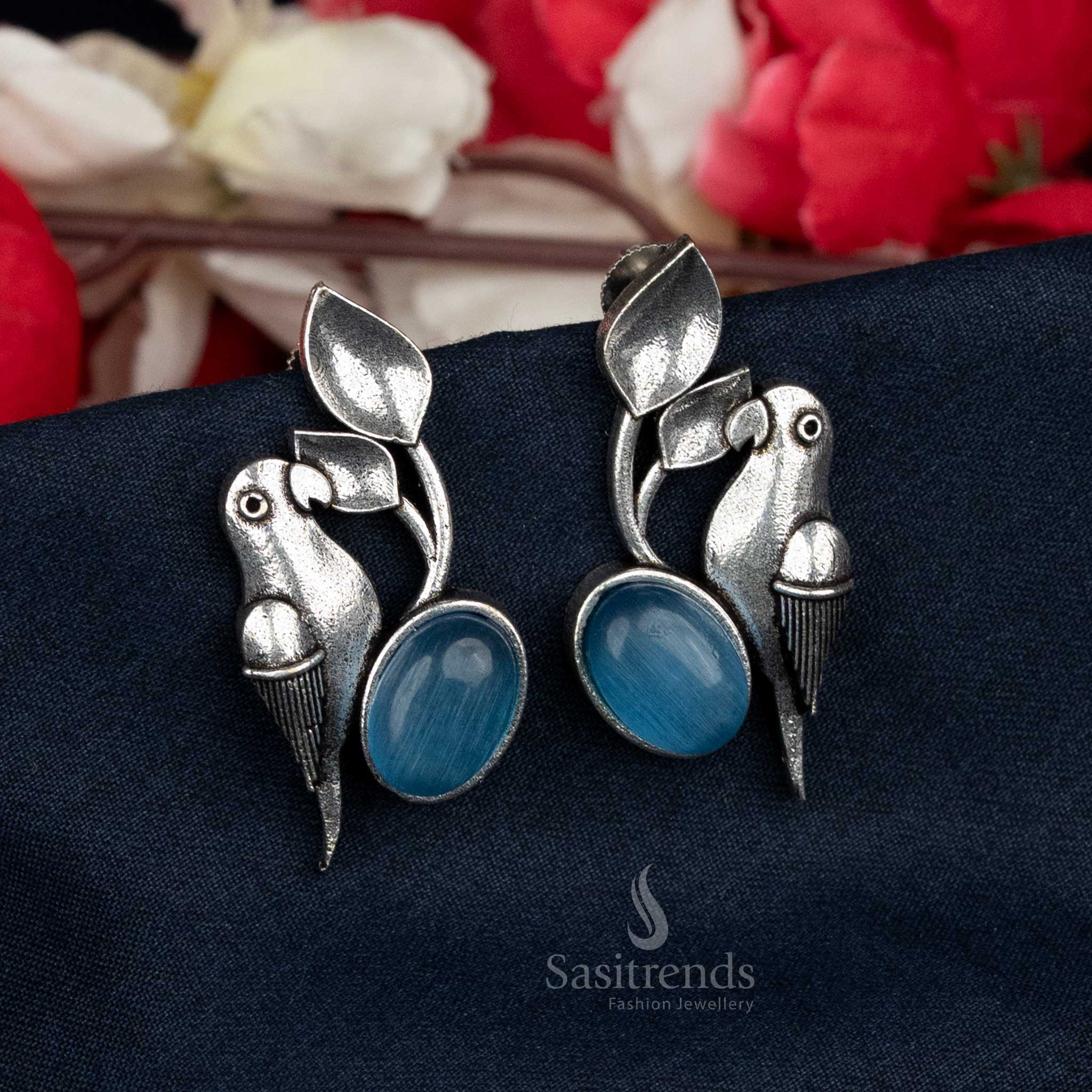 Oxidised Parrot Stud Earrings with Oval Stone - Comfortable Option for Daily Casual Wear - Sasitrends - Image 3