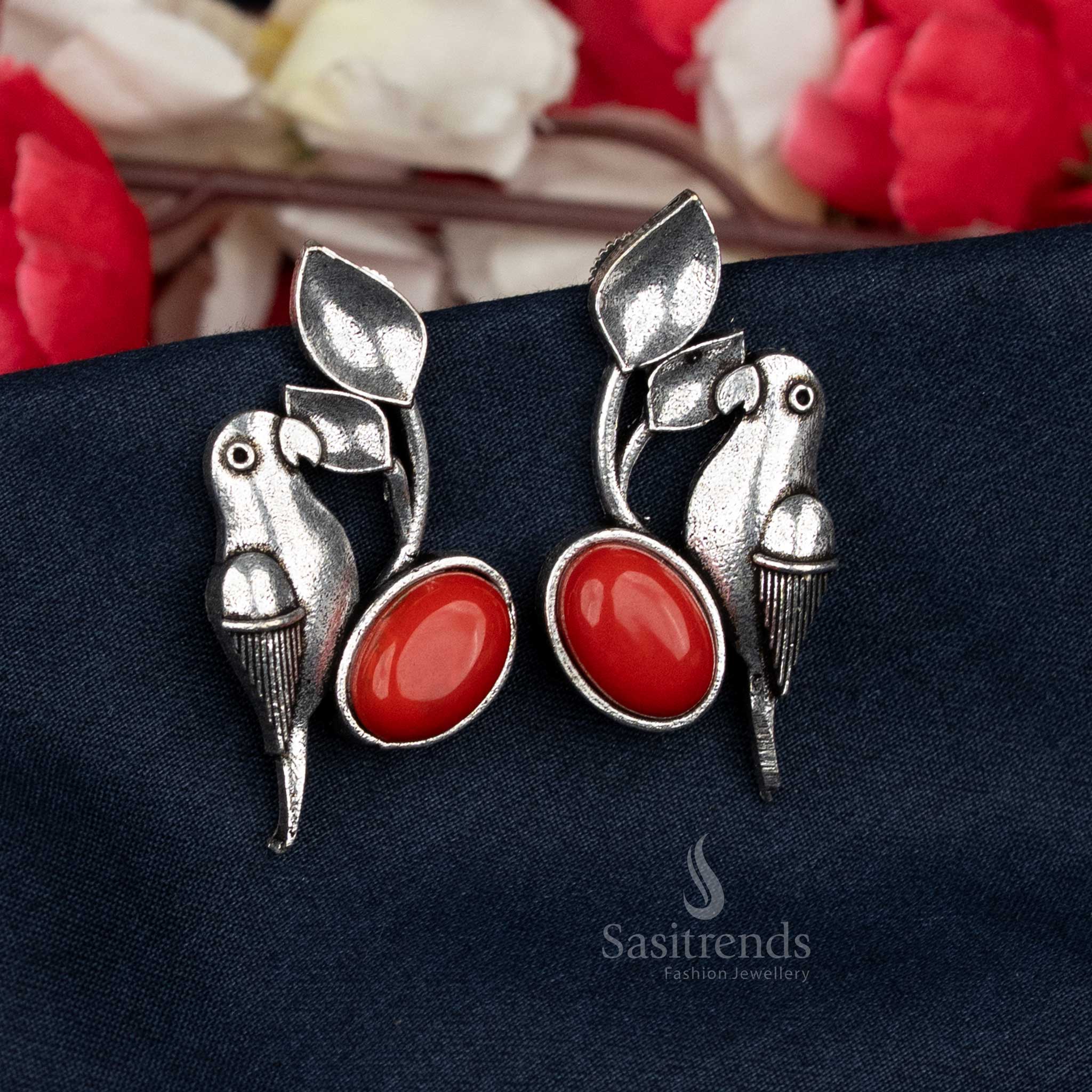 Oxidised Parrot Stud Earrings with Oval Stone - Comfortable Option for Daily Casual Wear - Sasitrends - Image 7