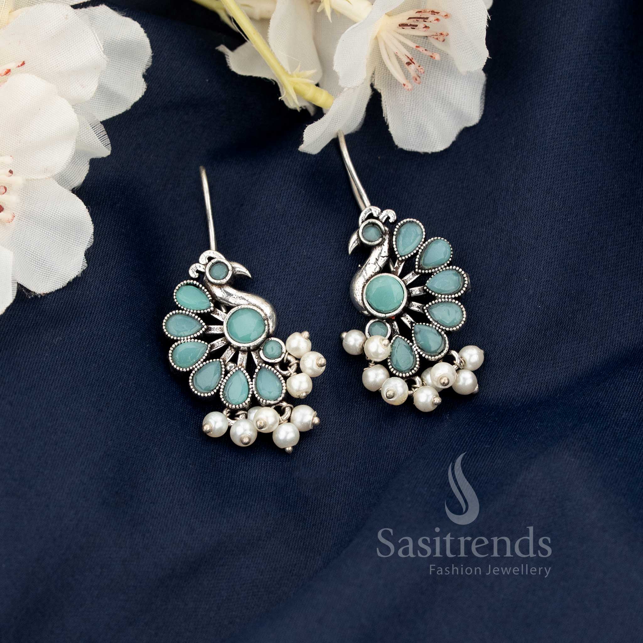 Oxidised Peacock Motif Fish Hook Earrings with Hanging Pearls - Image 2
