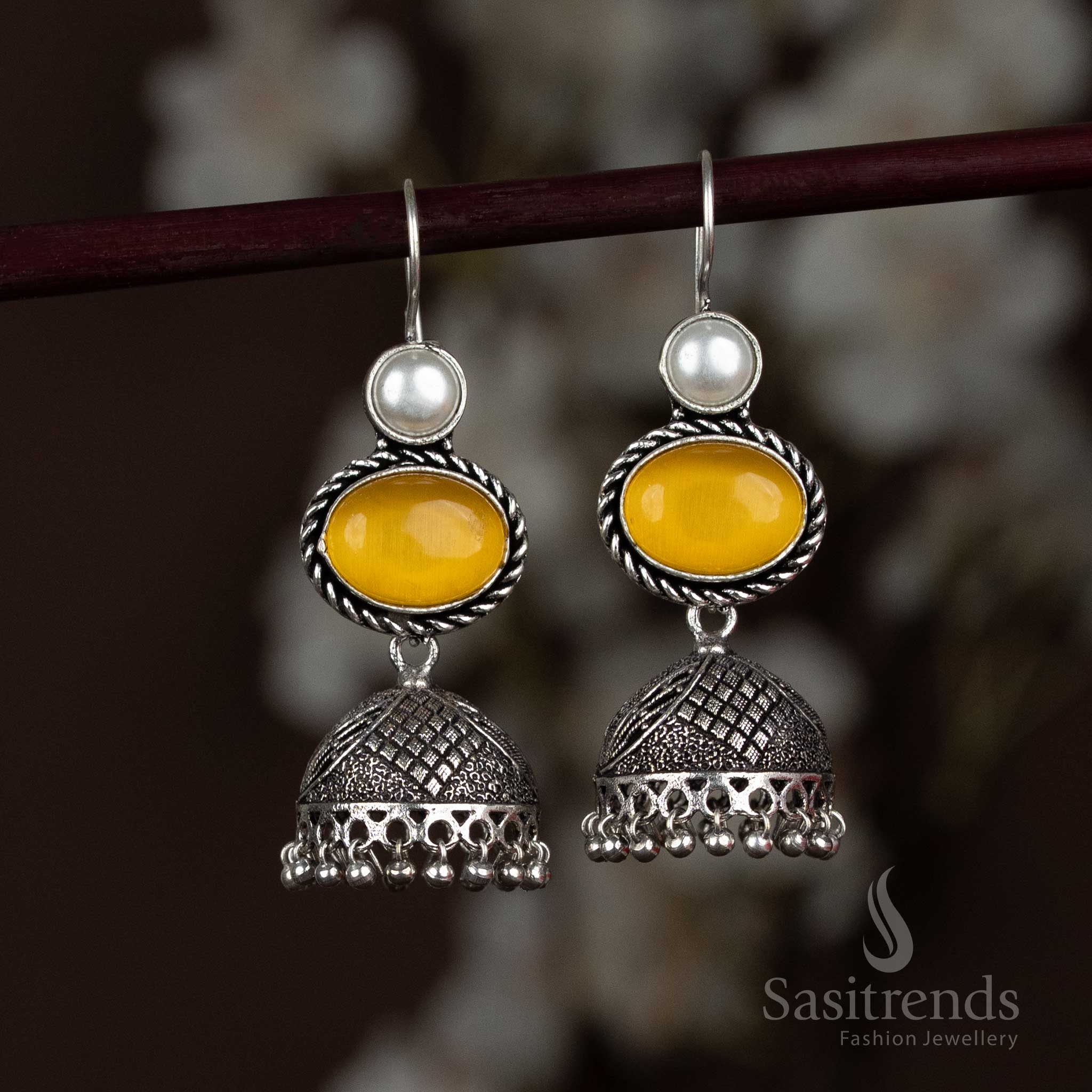 Oxidised Silver Jhumka Earrings with Pearl and Oval Stone And Dangling Pearls - Sasitrends - Image 10