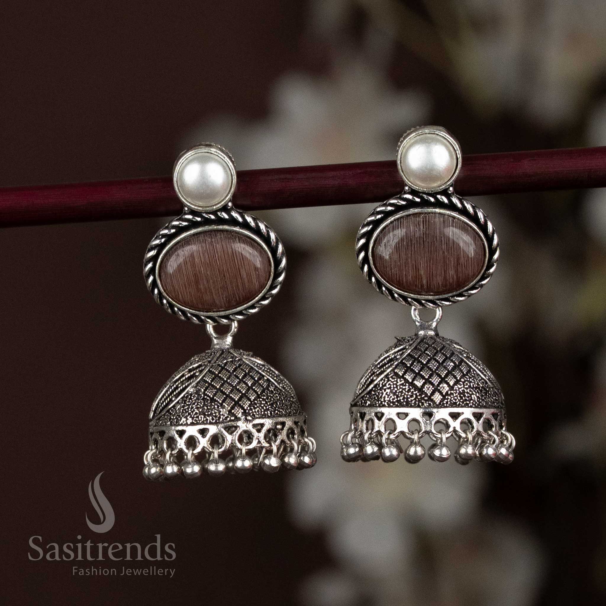 Oxidised Silver Jhumka Earrings with Pearl and Oval Stone And Dangling Pearls - Sasitrends - Image 7