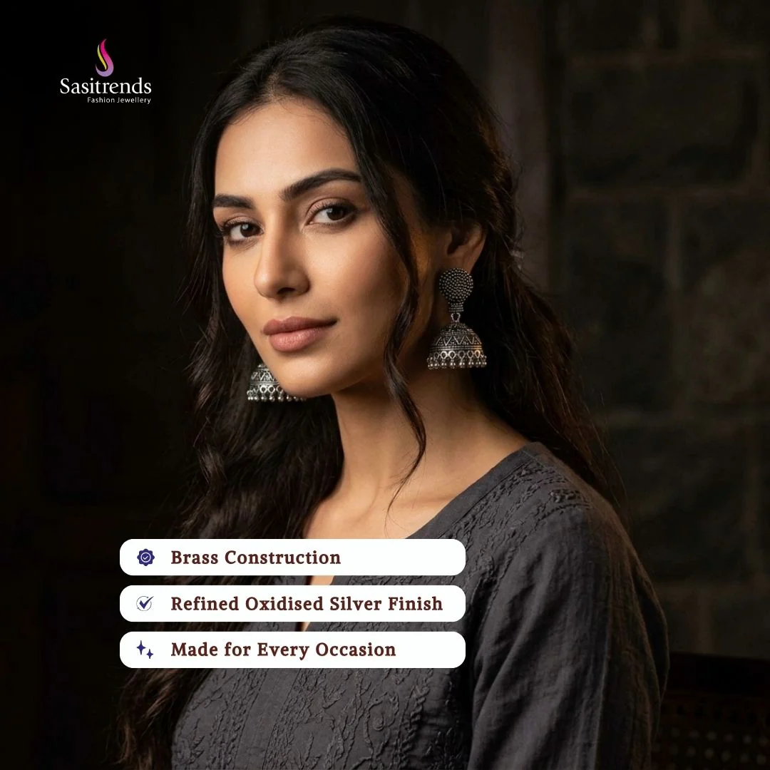 Amazing Oxidised Round Dome Jhumka Earrings For Women  - Sasitrends - Image 3