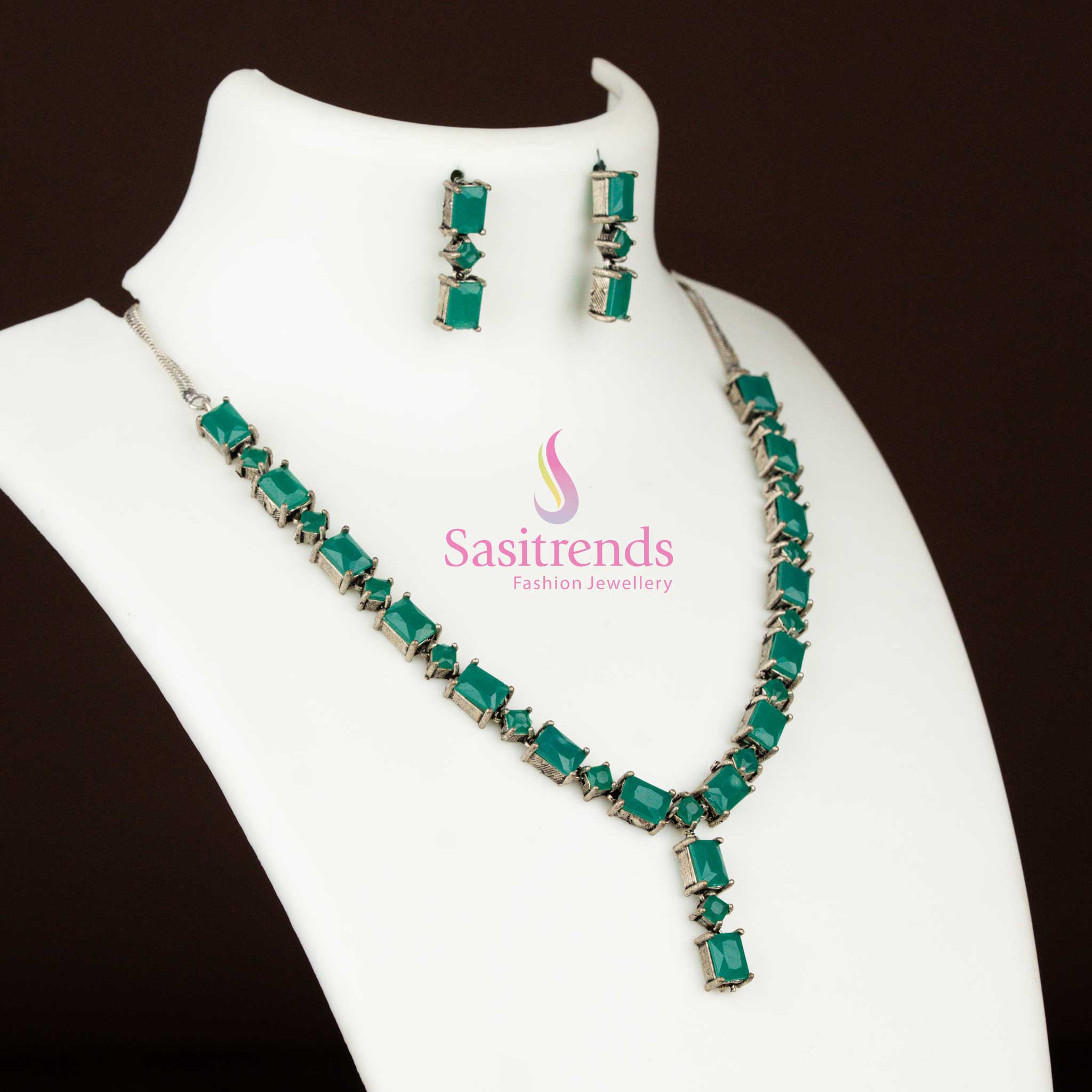 Oxidised Silver Rectangular Stone Necklace Jewellery Set β Ethnic Heritage Design - Image 2