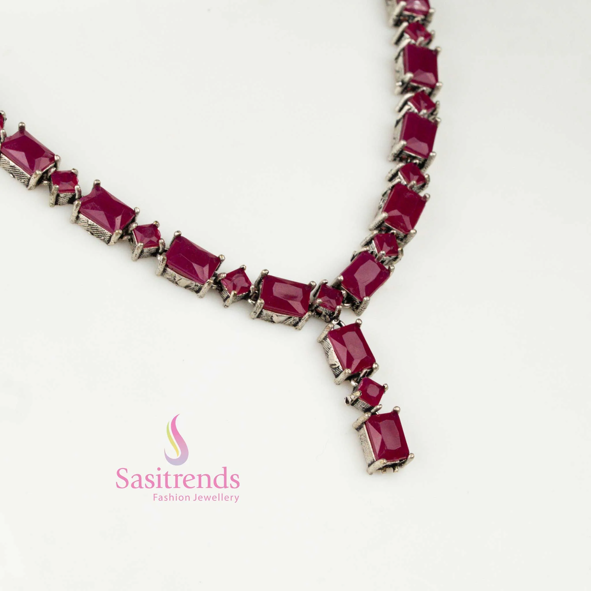 Oxidised Silver Rectangular Stone Necklace Jewellery Set β Ethnic Heritage Design - Image 3