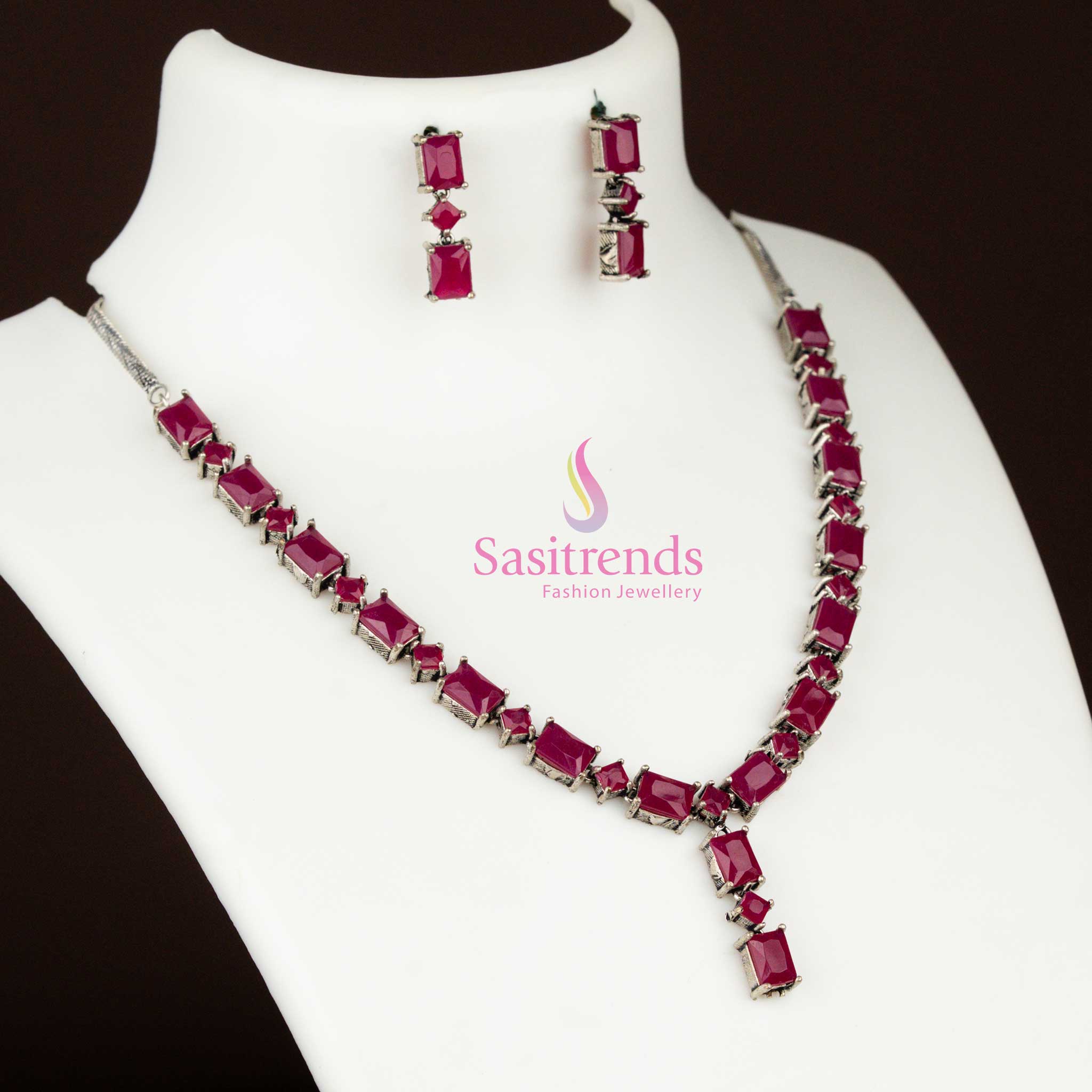 Oxidised Silver Rectangular Stone Necklace Jewellery Set β Ethnic Heritage Design - Image 4