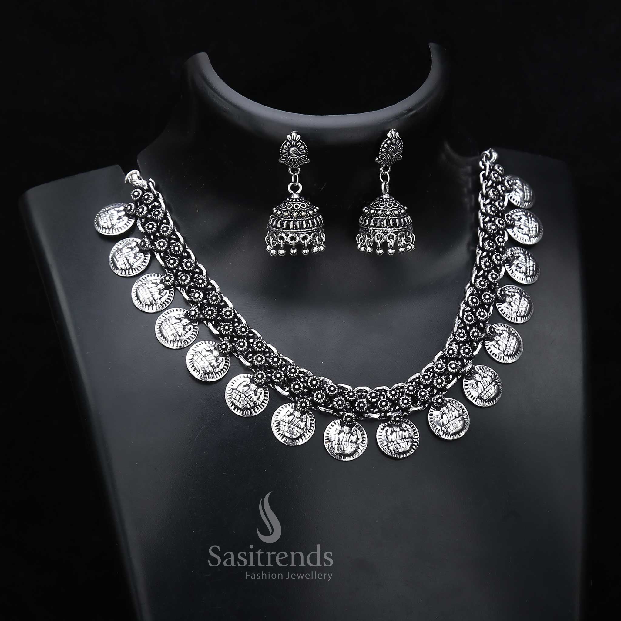 Dual-Finish Lakshmi Gap Coin Necklace & Peacock Jhumkas Jewellery Set - Oxidised Silver/Antique Gold - Image 2