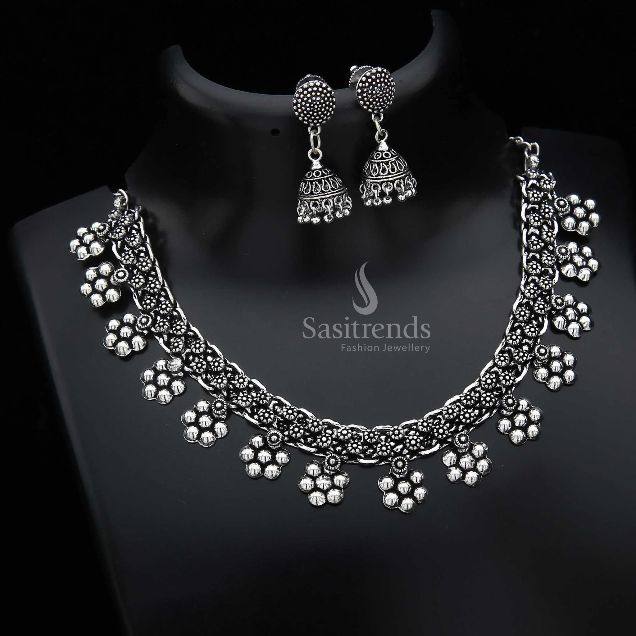 Sasitrends Oxidised German Silver Necklace Earrings Jewellery Set For Women And Girls - Image 2