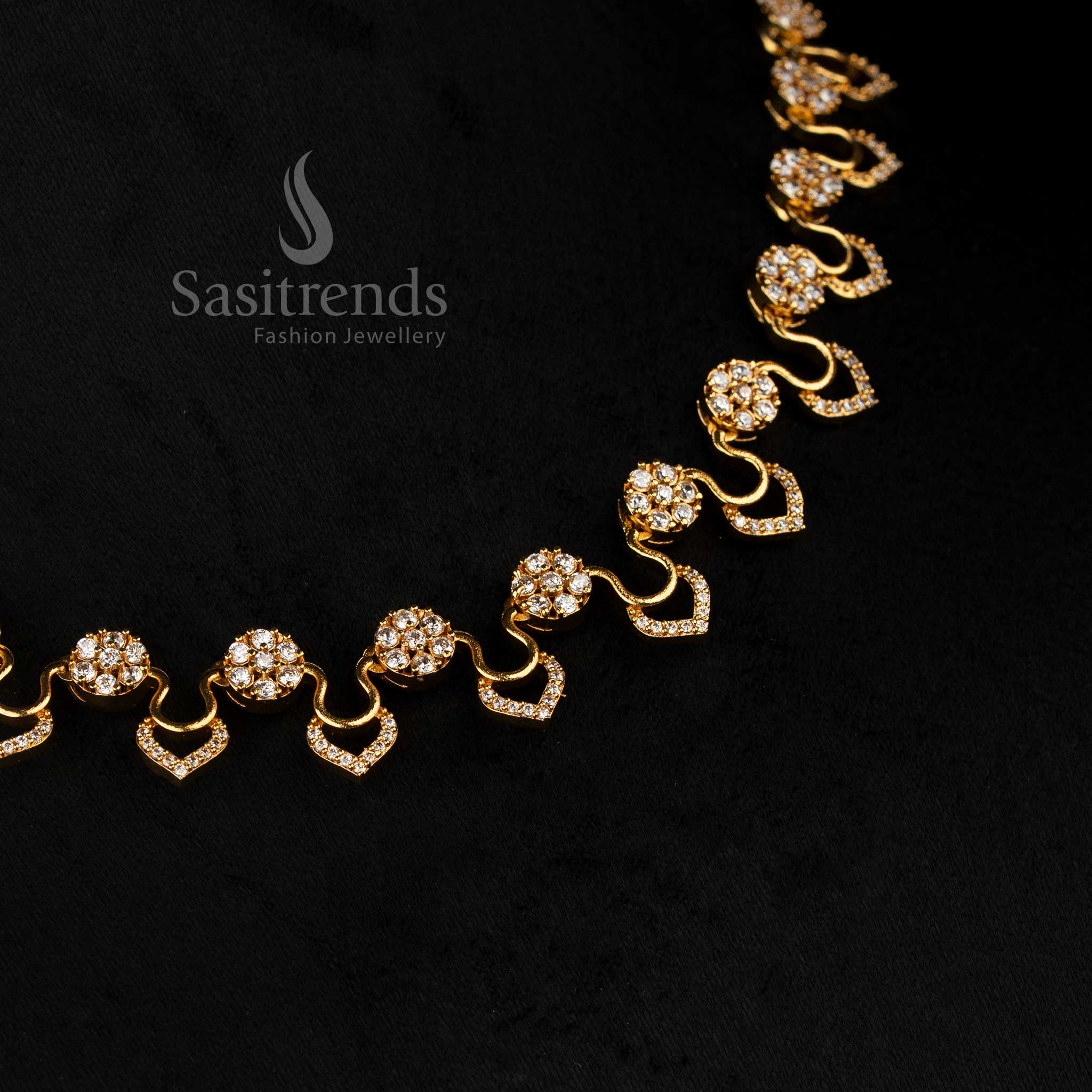 Captivating Party wear American Diamond Micro Gold Plated Floral Cluster Necklace Jewellery Set - Image 4