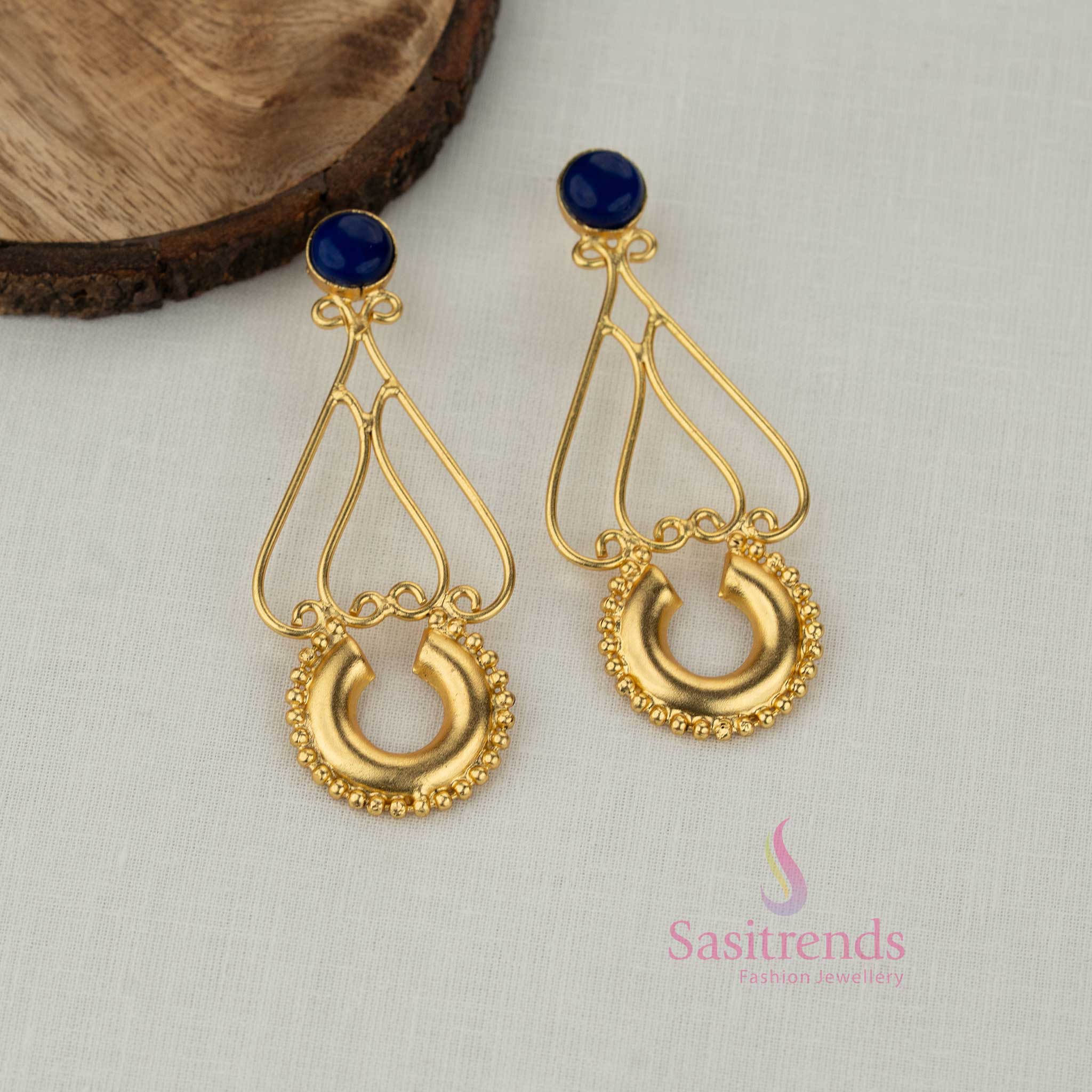 Trendy Gold Plated Stone Stud Teardrop Frame Earrings with Decorative Crescent Drop for Girls | Perfect For College Functions & Festive Celebrations