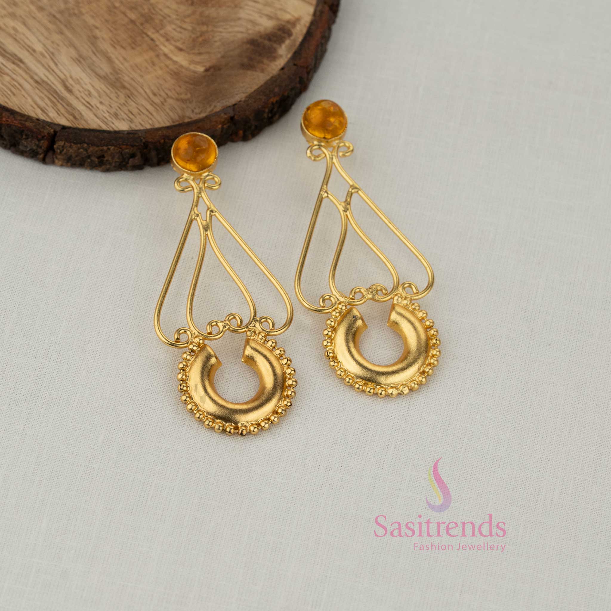 Trendy Gold Plated Stone Stud Teardrop Frame Earrings with Decorative Crescent Drop for Girls | Perfect For College Functions & Festive Celebrations - Image 2