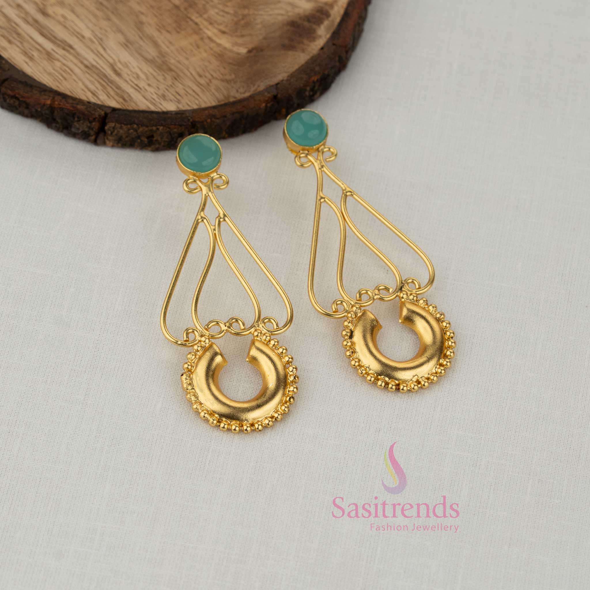 Trendy Gold Plated Stone Stud Teardrop Frame Earrings with Decorative Crescent Drop for Girls | Perfect For College Functions & Festive Celebrations - Image 3