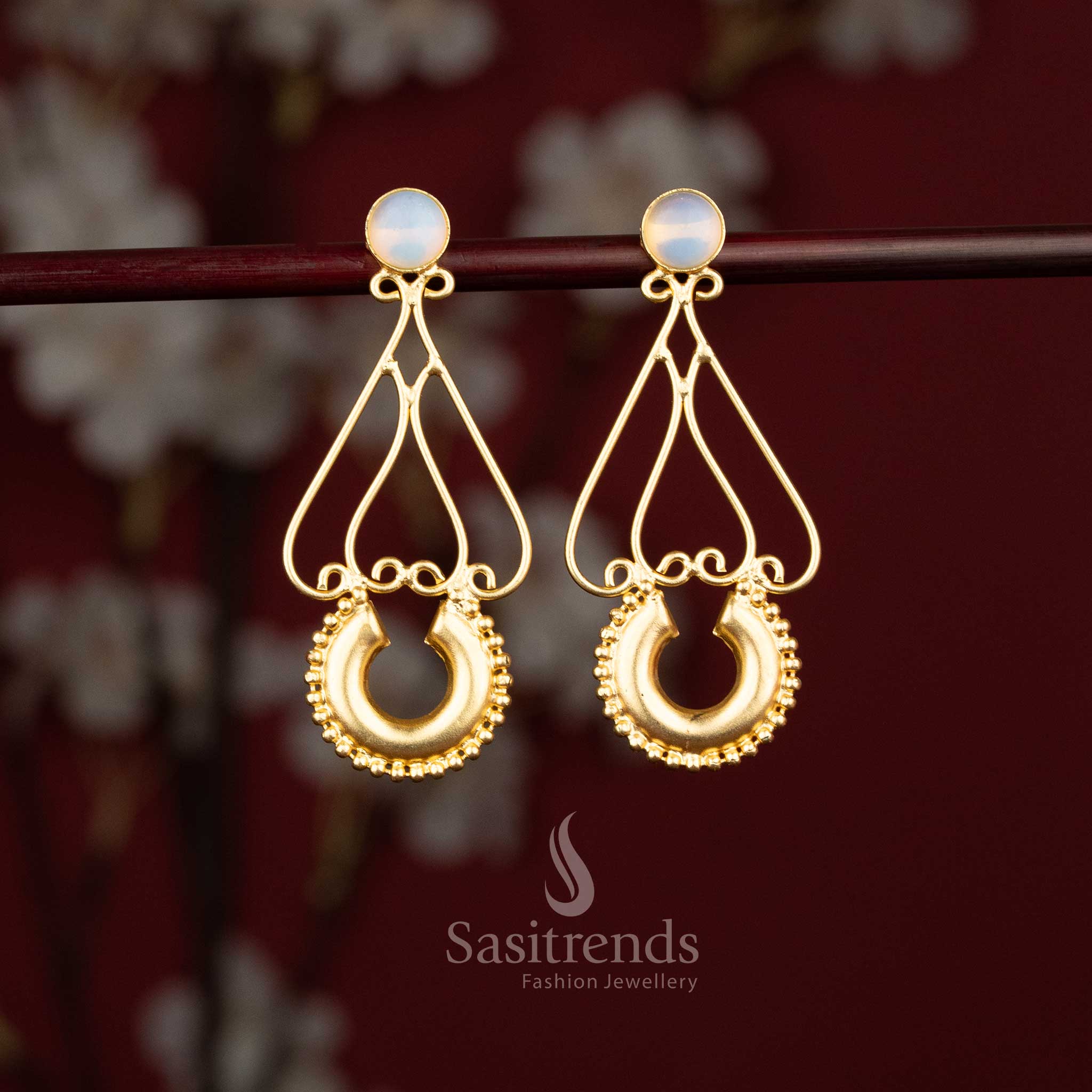Trendy Gold Plated Stone Stud Teardrop Frame Earrings with Decorative Crescent Drop for Girls | Perfect For College Functions & Festive Celebrations - Image 4