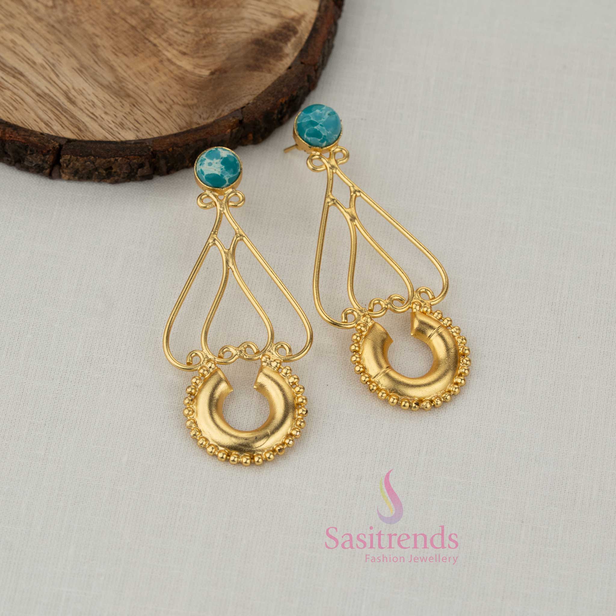 Trendy Gold Plated Stone Stud Teardrop Frame Earrings with Decorative Crescent Drop for Girls | Perfect For College Functions & Festive Celebrations - Image 5