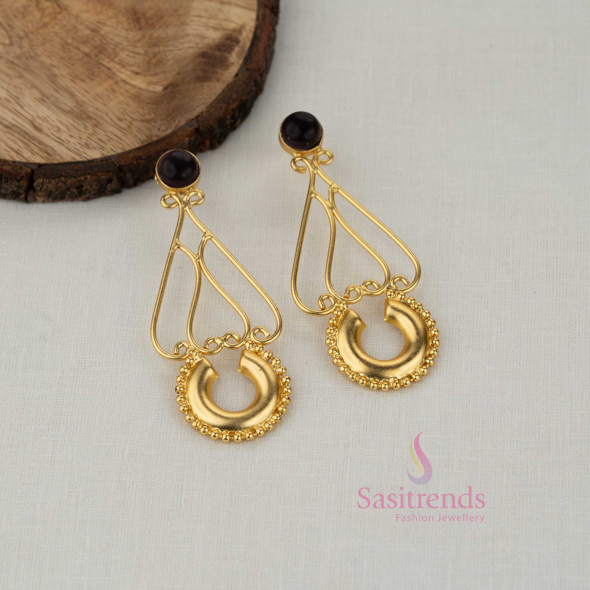 Trendy Gold Plated Stone Stud Teardrop Frame Earrings with Decorative Crescent Drop for Girls | Perfect For College Functions & Festive Celebrations - Image 6