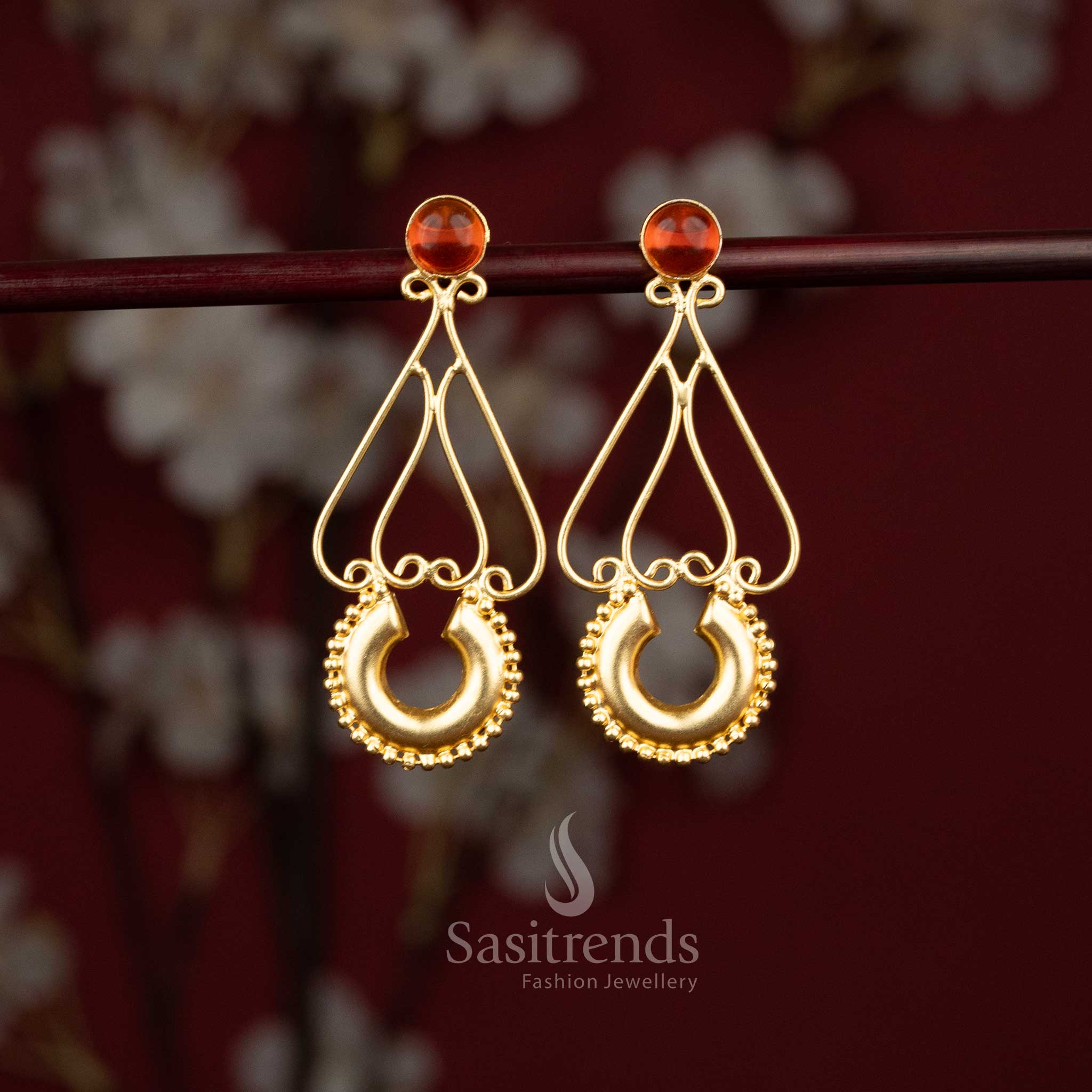 Trendy Gold Plated Stone Stud Teardrop Frame Earrings with Decorative Crescent Drop for Girls | Perfect For College Functions & Festive Celebrations - Image 7