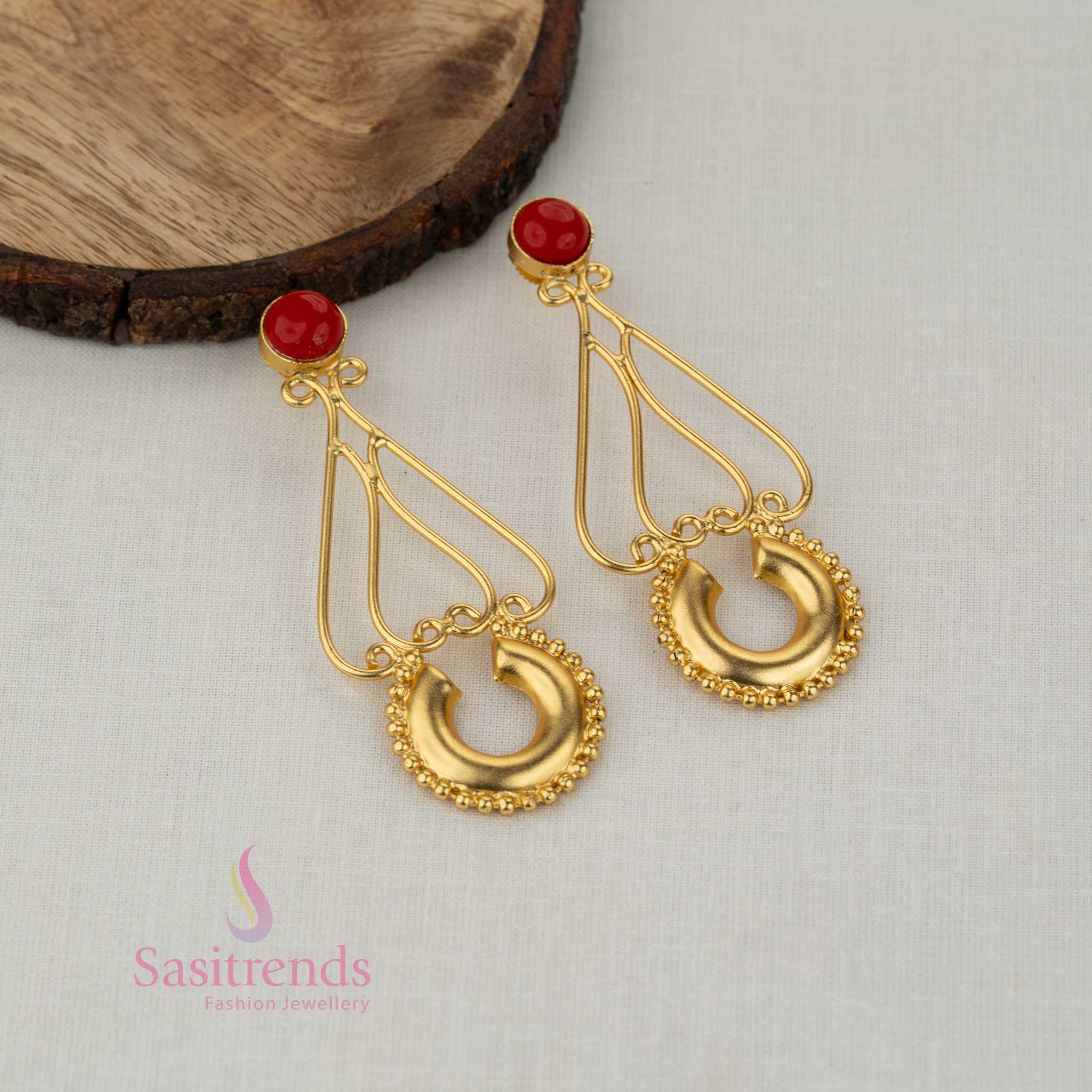 Trendy Gold Plated Stone Stud Teardrop Frame Earrings with Decorative Crescent Drop for Girls | Perfect For College Functions & Festive Celebrations - Image 9