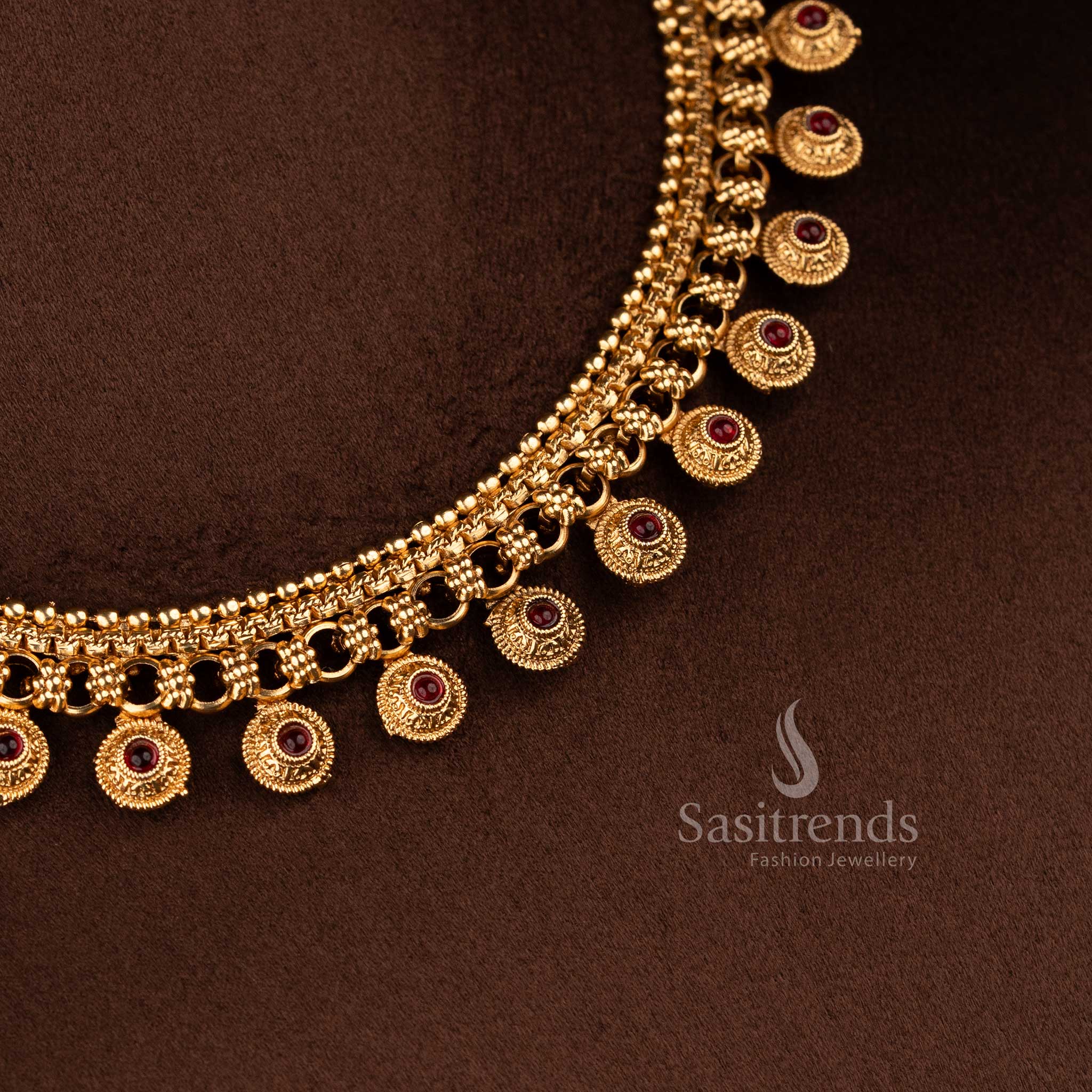 Classic Matte Gold Plated Flexible Chain Round Motif Beaded Drop Necklace Jewellery Set | Traditional Temple Inspired Design Affordable Festive and Wedding Wear - Image 6