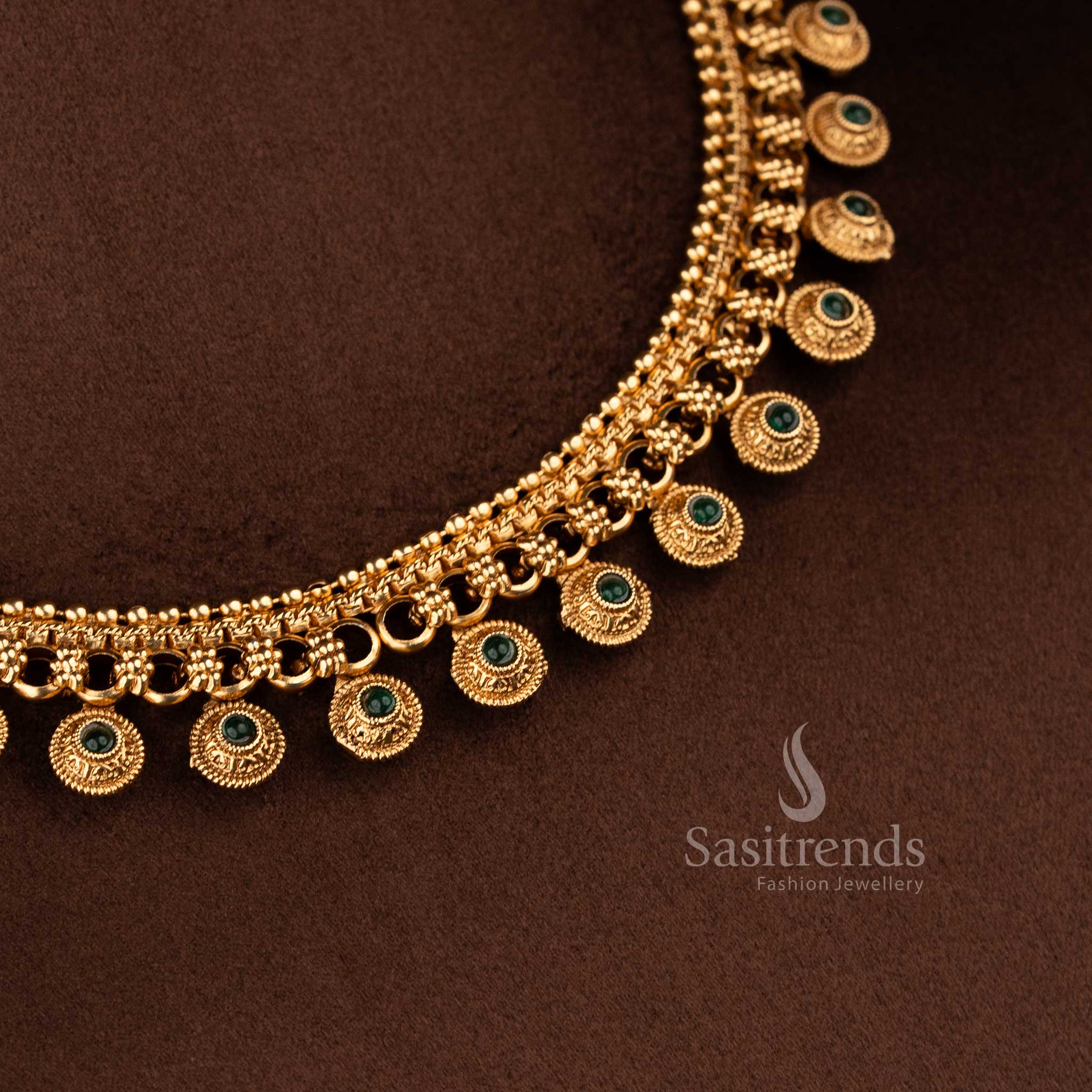 Classic Matte Gold Plated Flexible Chain Round Motif Beaded Drop Necklace Jewellery Set | Traditional Temple Inspired Design Affordable Festive and Wedding Wear - Image 8