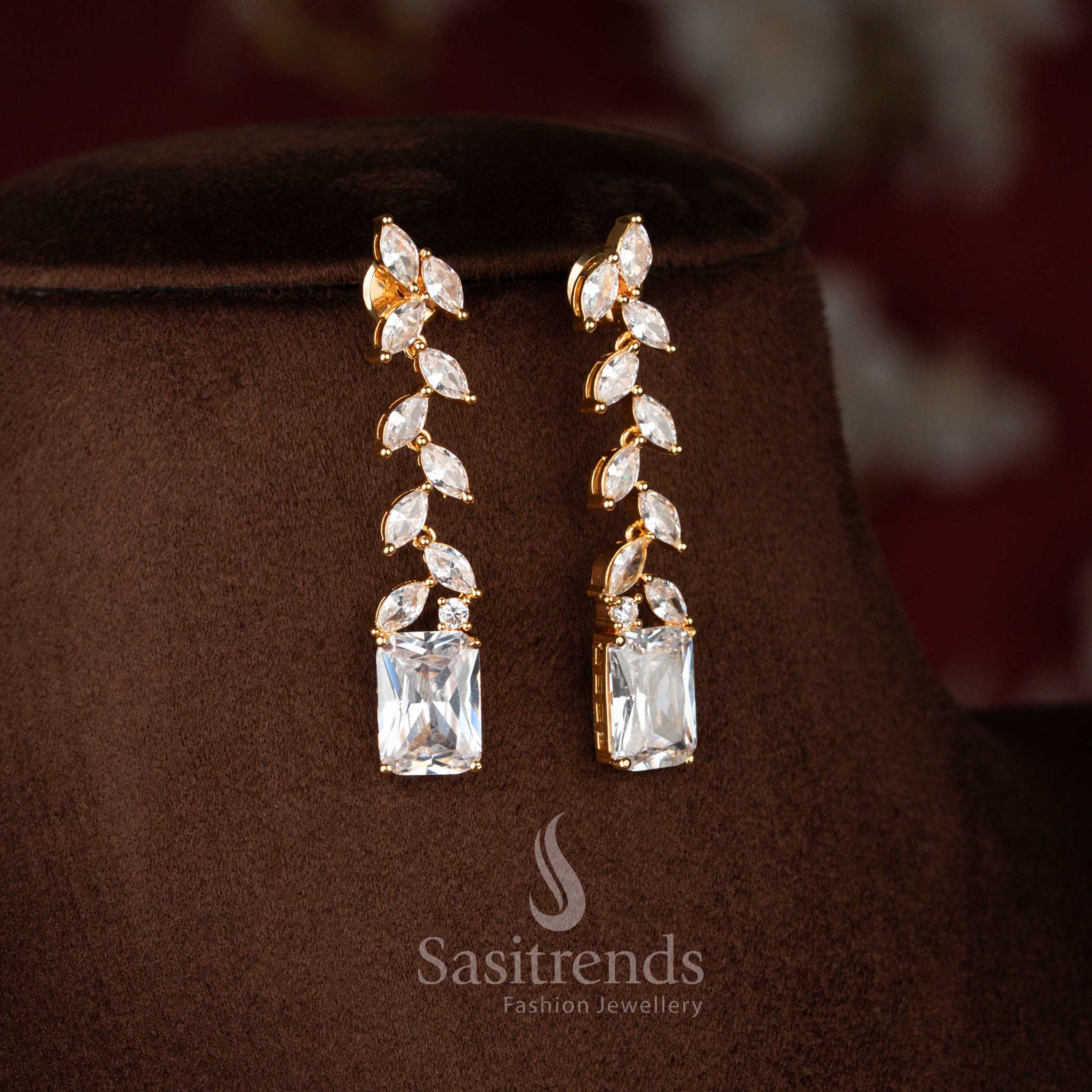 Iconic American Diamond One Gram Micro Gold Plated Leaf Link Long Necklace Jewellery Set with Rectangular Drop Motif | Party Wear Jewellery - Image 4