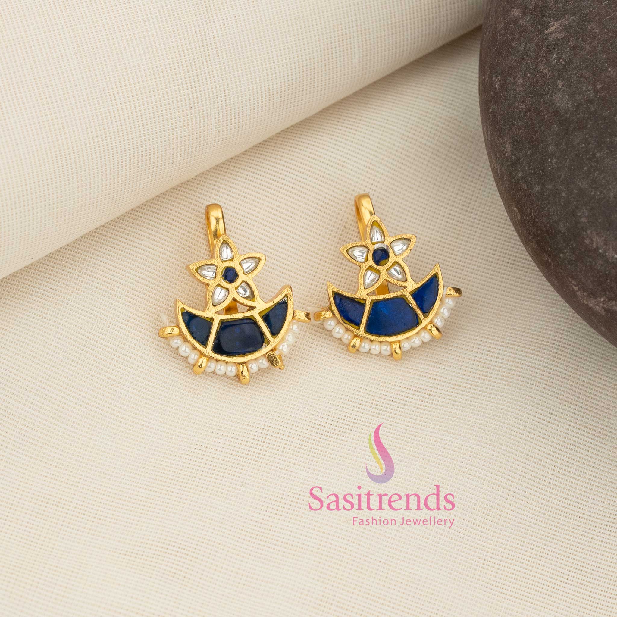 Enchanting 24K Jadau Kundan Gold Plated Floral Crest Half Moon Bugadi Earcuff Earrings with Pearl Accents - Image 3