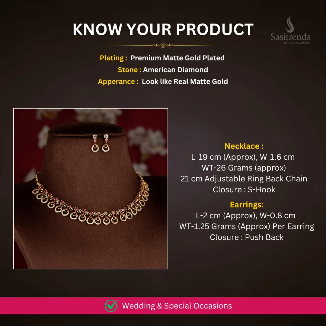 Sasitrends American Diamond Matte Gold Plated Crescent Moon Motif Designer Necklace Jewellery Set for Bridal, Festive & Saree Styling - Image 2