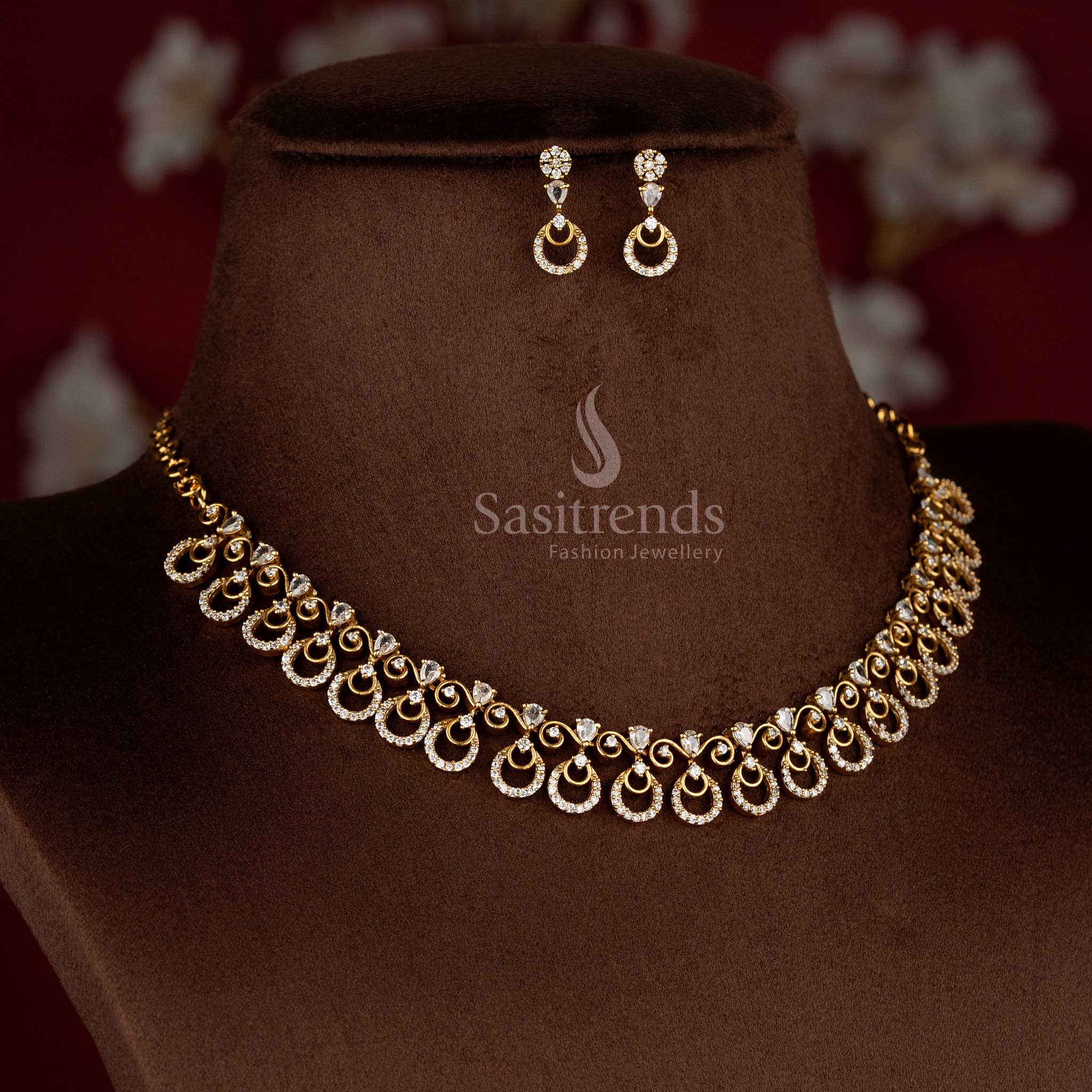 Sasitrends American Diamond Matte Gold Plated Crescent Moon Motif Designer Necklace Jewellery Set for Bridal, Festive & Saree Styling - Image 3