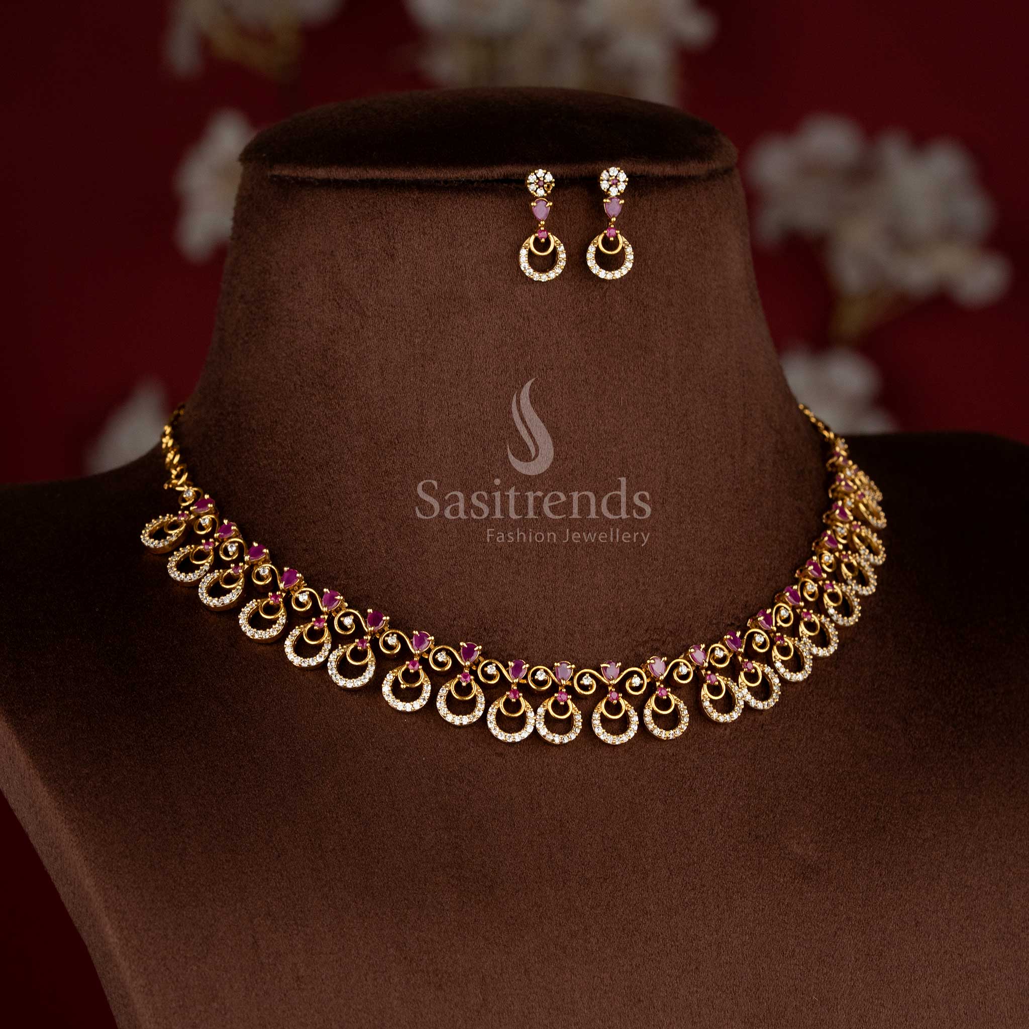 Sasitrends American Diamond Matte Gold Plated Crescent Moon Motif Designer Necklace Jewellery Set for Bridal, Festive & Saree Styling - Image 4