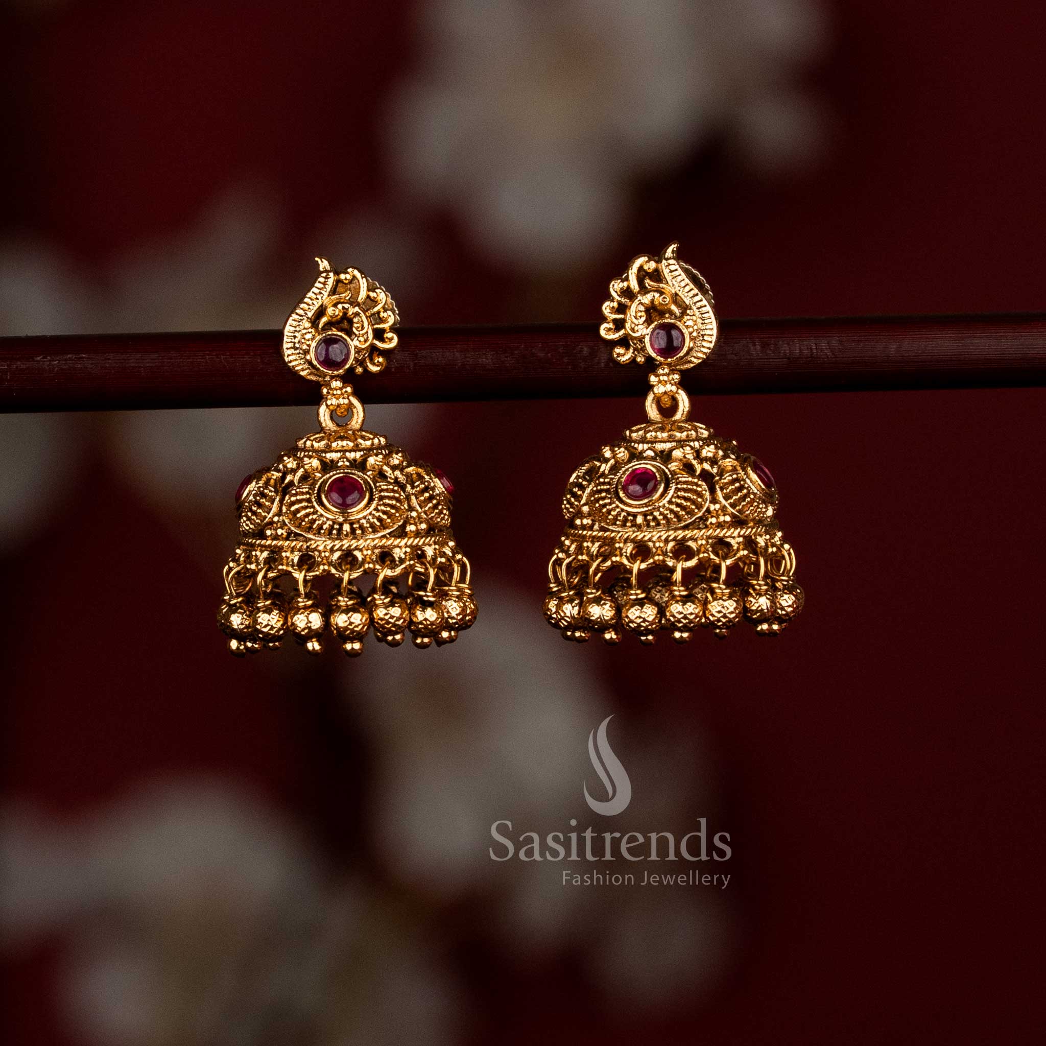 Premium Matte Gold Plated Temple Peacock Jhumka Earrings with Golden Beads for Temple Visits & Traditional Saree Wear - Image 2