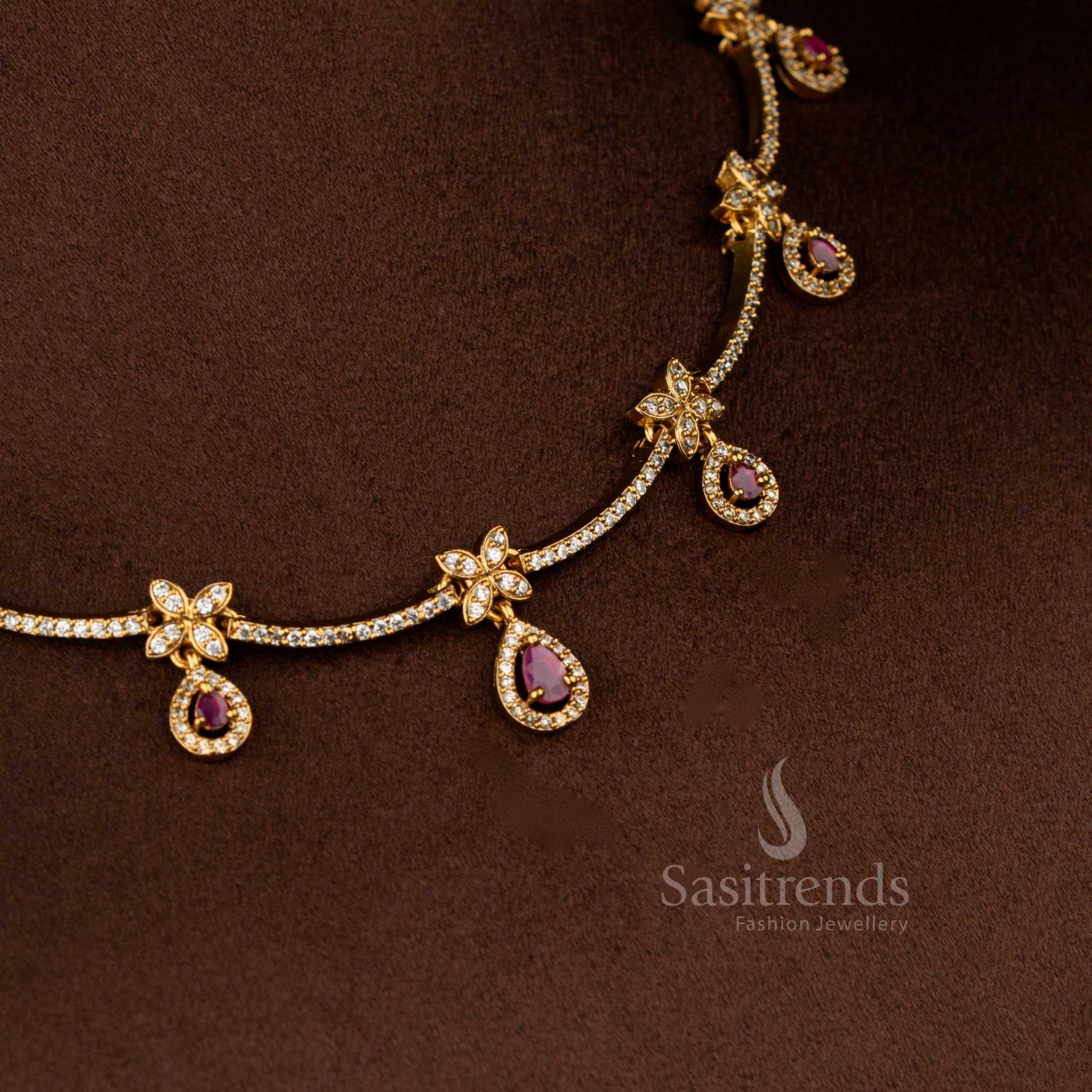 Premium Matte Gold Plated Floral Teardrop Structure American Diamond Stone Studded Necklace Jewellery Set | Bridal Wedding Wear - Image 2