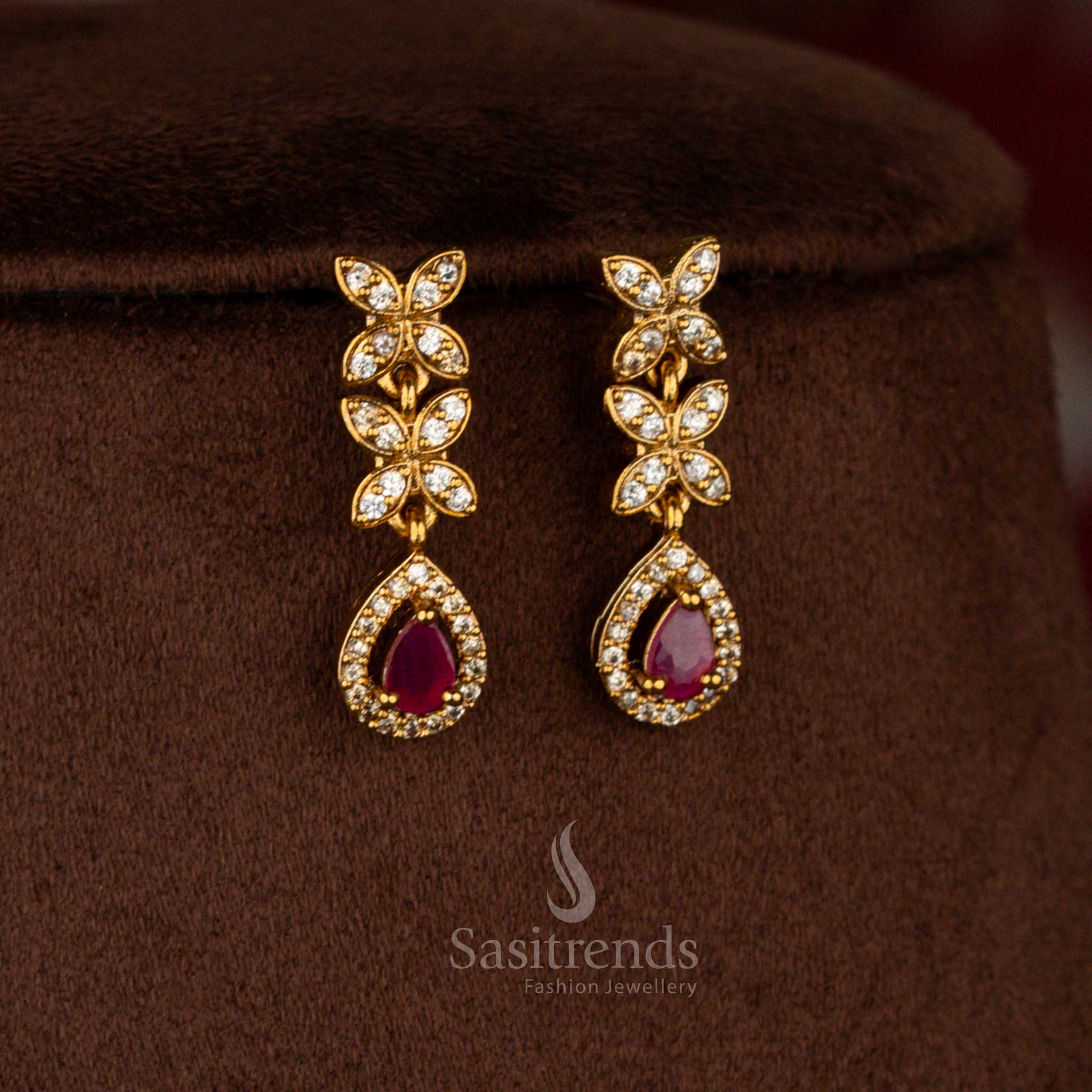 Premium Matte Gold Plated Floral Teardrop Structure American Diamond Stone Studded Necklace Jewellery Set | Bridal Wedding Wear - Image 3
