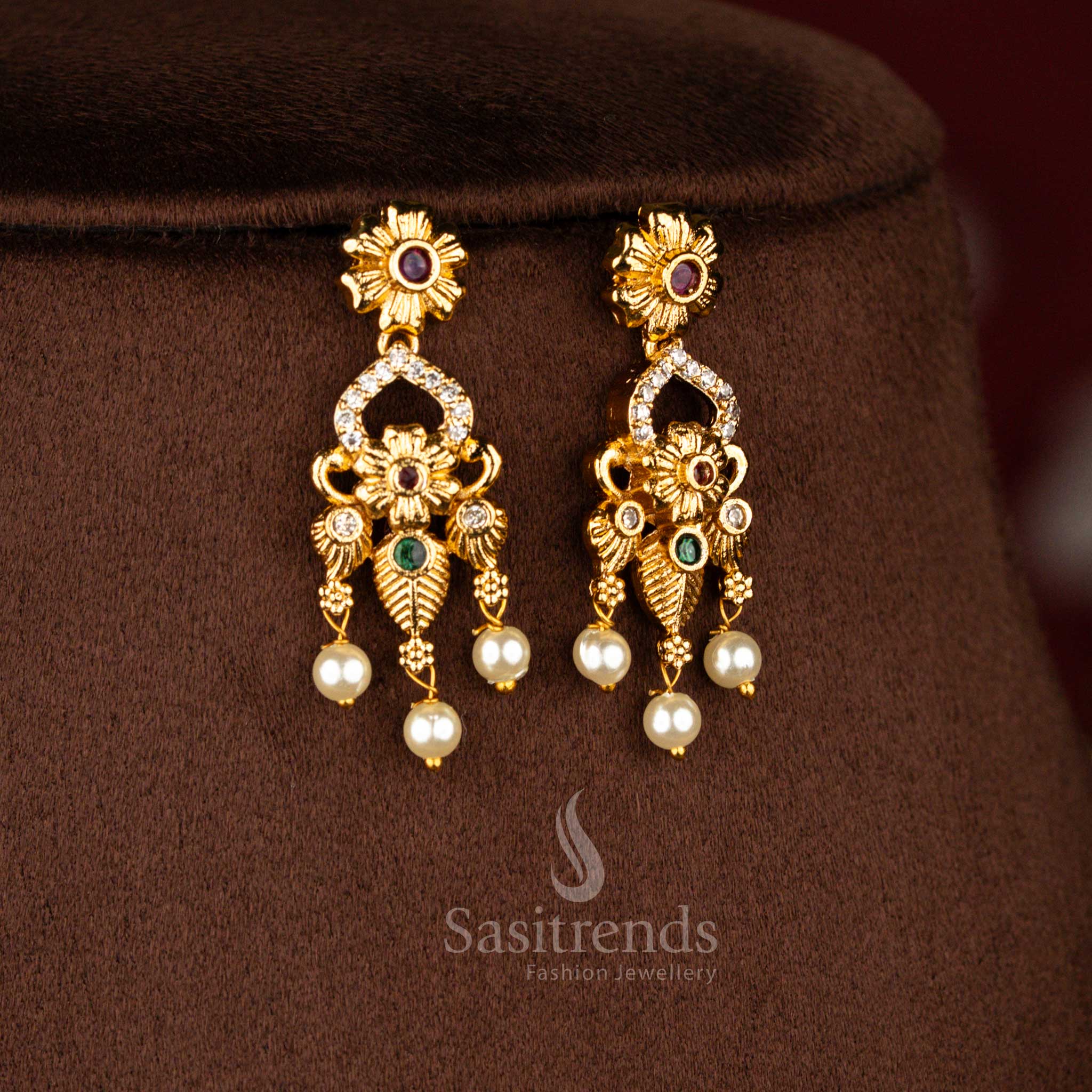 Grand Collection of Temple Matte Gold Plated AD Stone Studded Short and Long Necklace Jewellery Sets for Wedding and Bridal Wear - Image 23